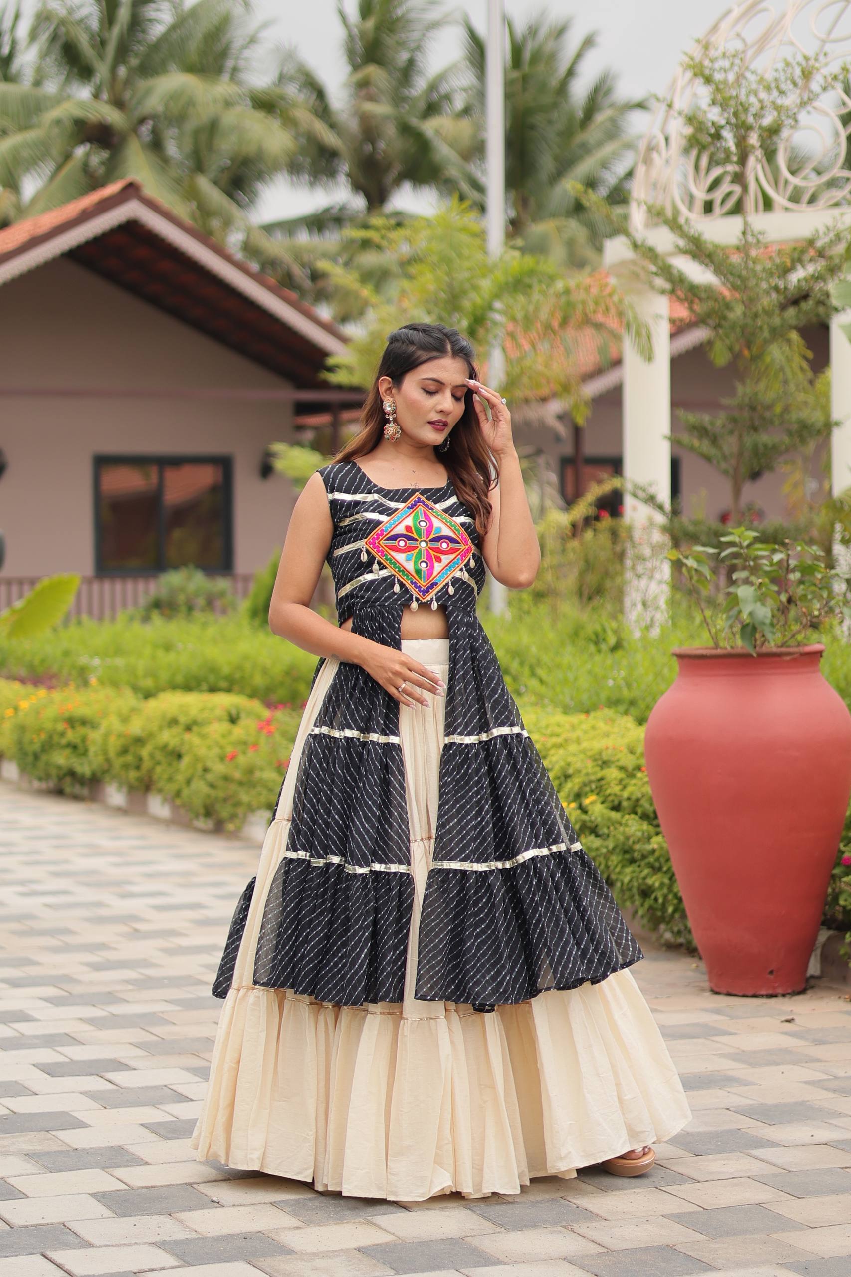 Navratri Special Gamthi Work Cotton Lehenga Choli Set with Embroidered Shrug