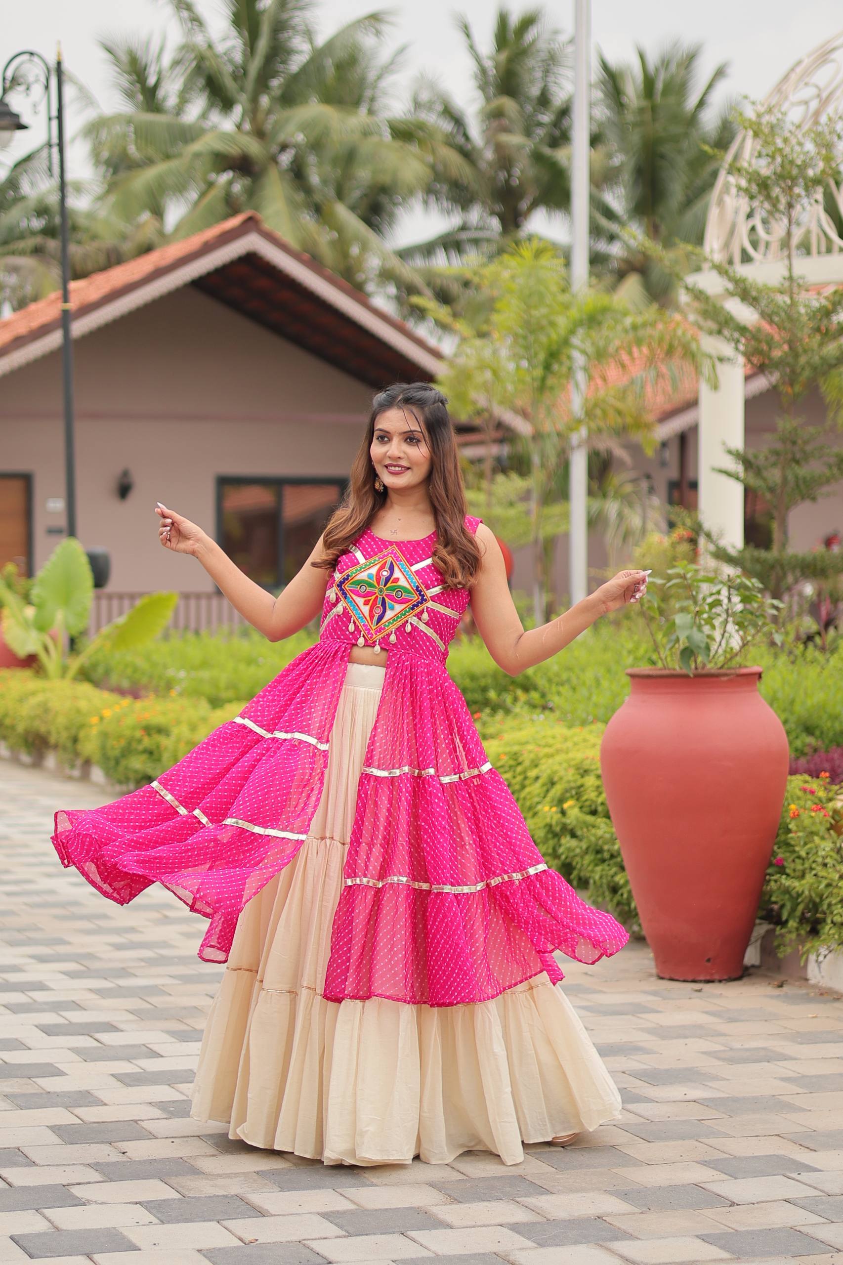 Navratri Special Gamthi Work Cotton Lehenga Choli Set with Embroidered Shrug