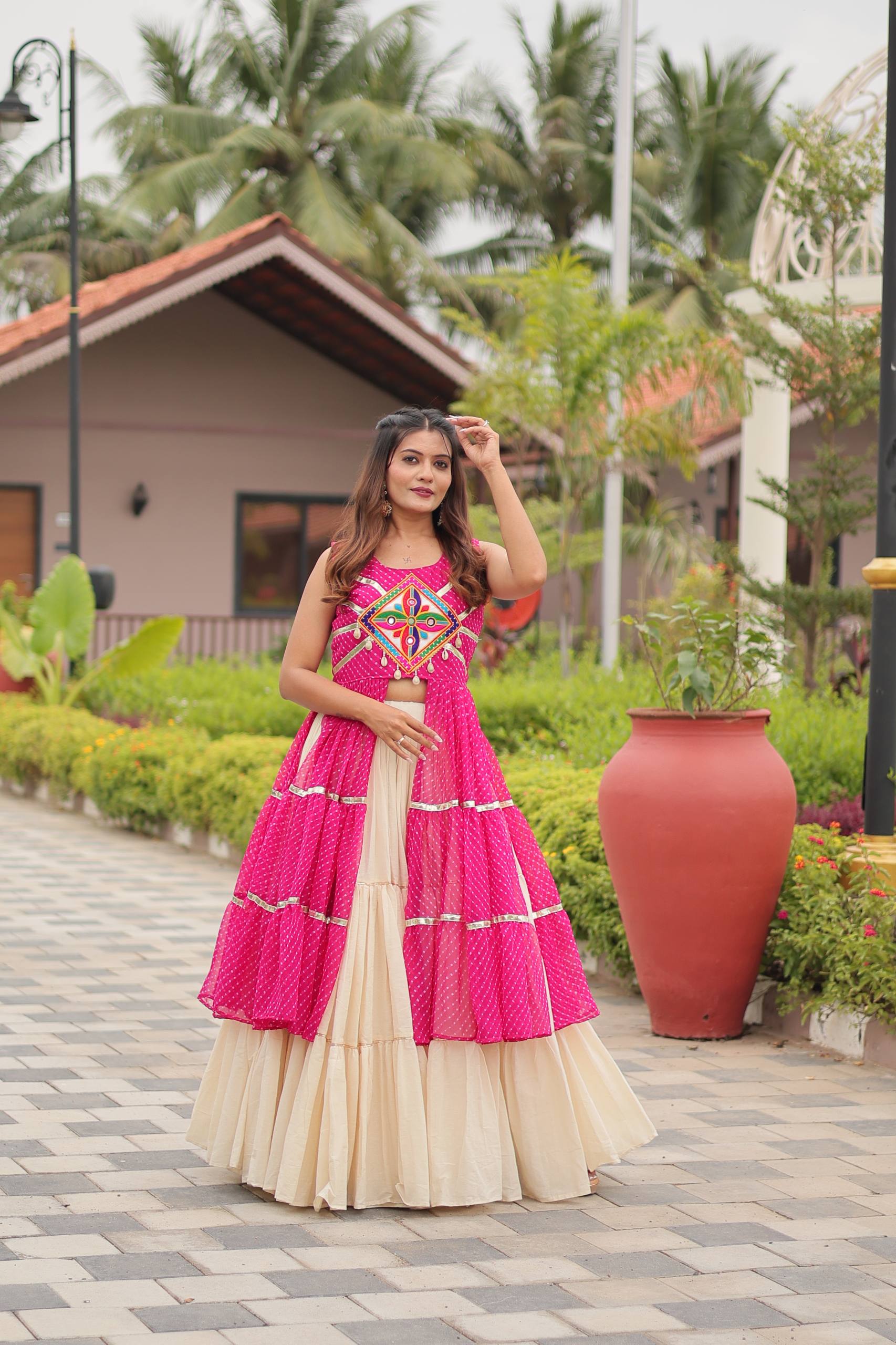 Navratri Special Gamthi Work Cotton Lehenga Choli Set with Embroidered Shrug