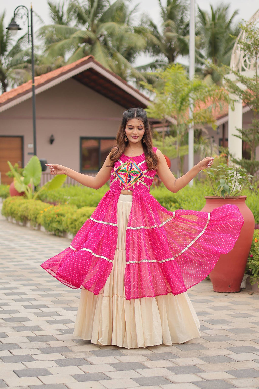 Navratri Special Gamthi Work Cotton Lehenga Choli Set with Embroidered Shrug