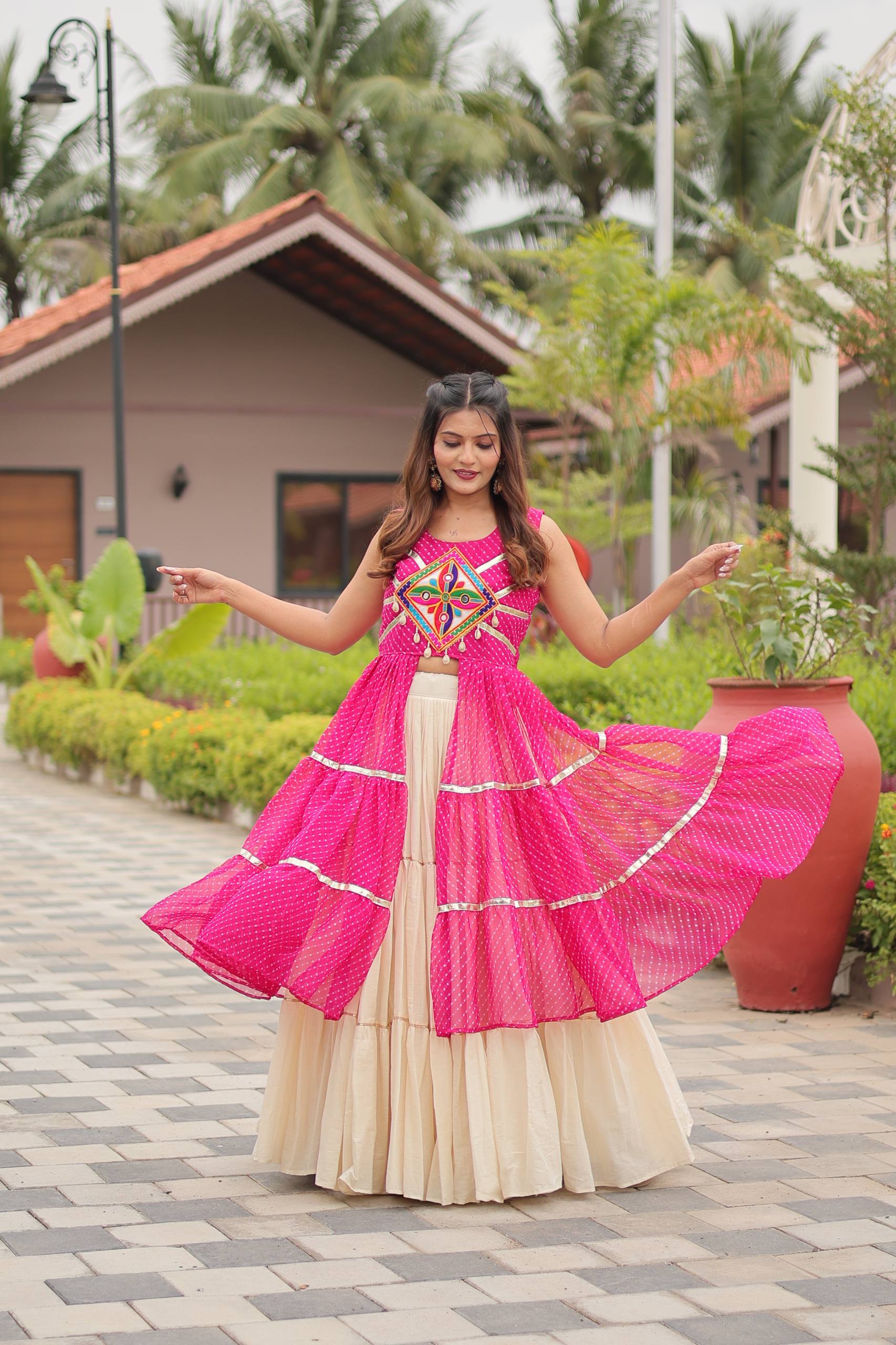 Navratri Special Gamthi Work Cotton Lehenga Choli Set with Embroidered Shrug