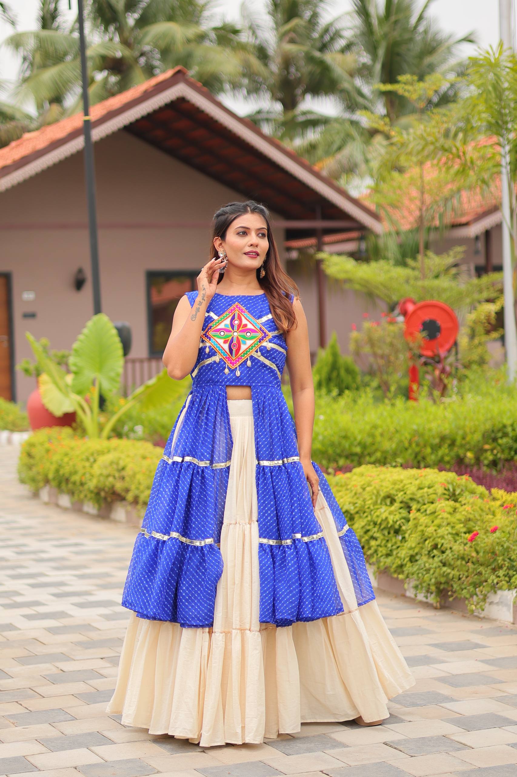 Navratri Special Gamthi Work Cotton Lehenga Choli Set with Embroidered Shrug