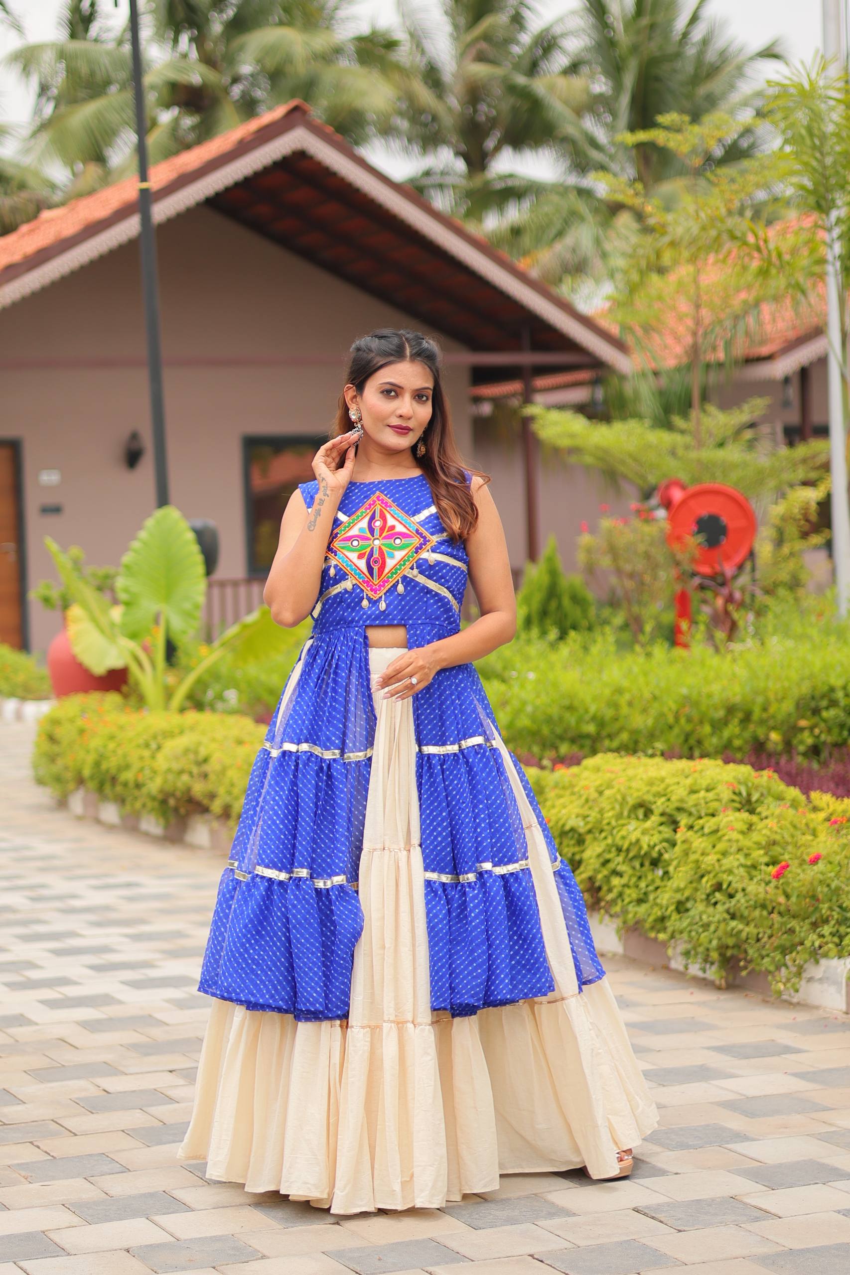 Navratri Special Gamthi Work Cotton Lehenga Choli Set with Embroidered Shrug