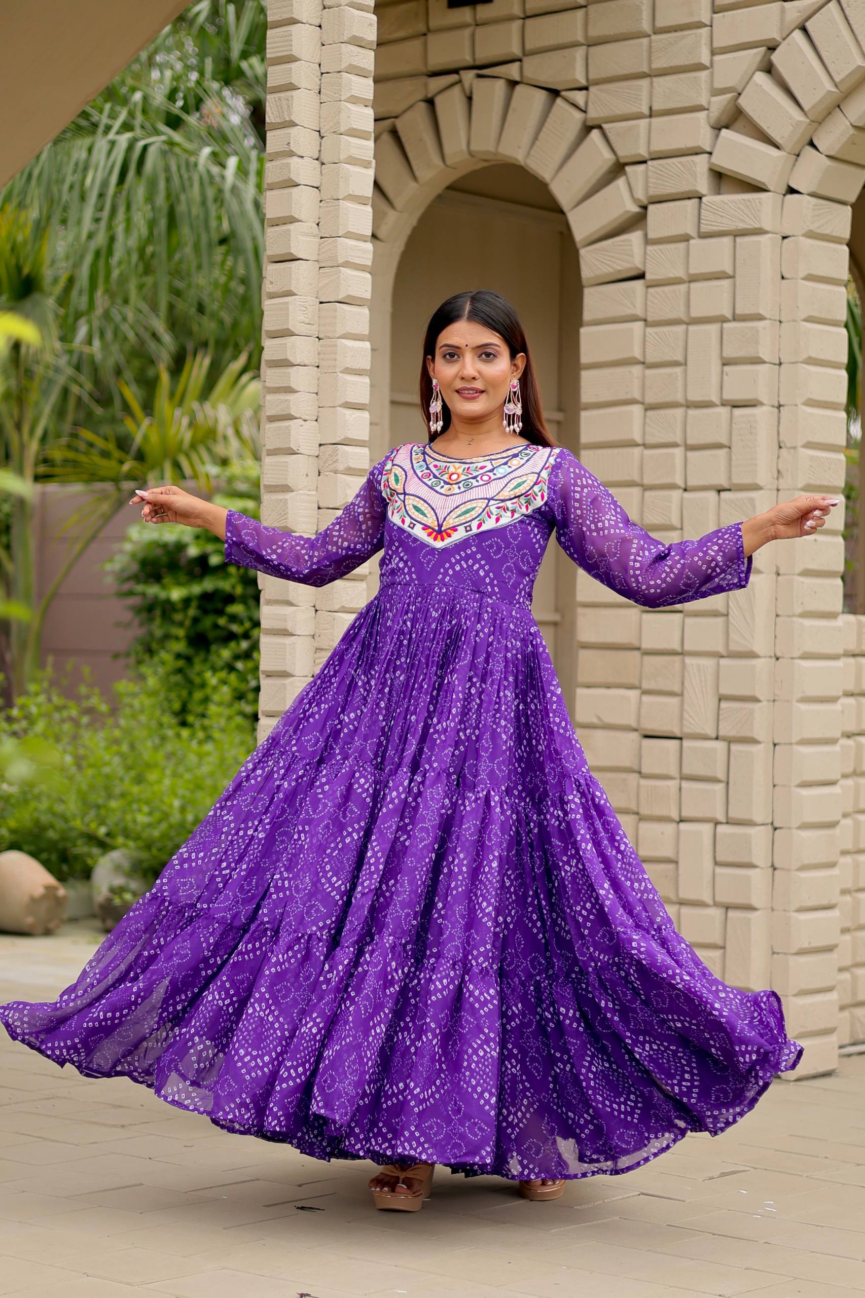 Navratri Special Bandhani Gown with Mirror Work Embroidery