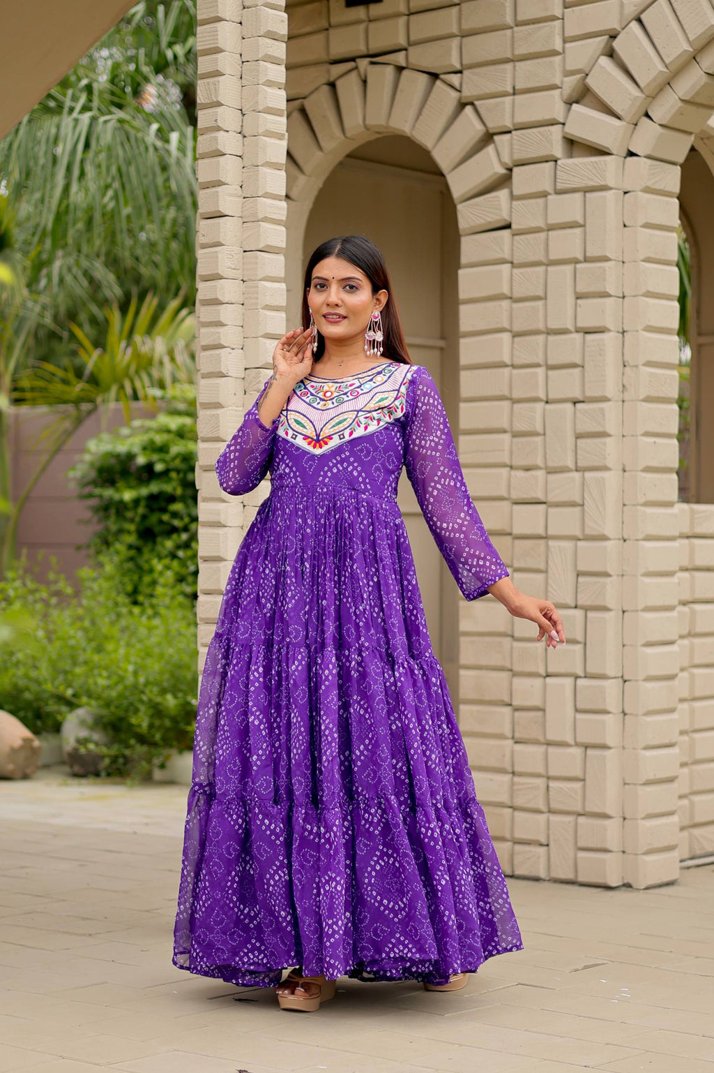 Navratri Special Bandhani Gown with Mirror Work Embroidery