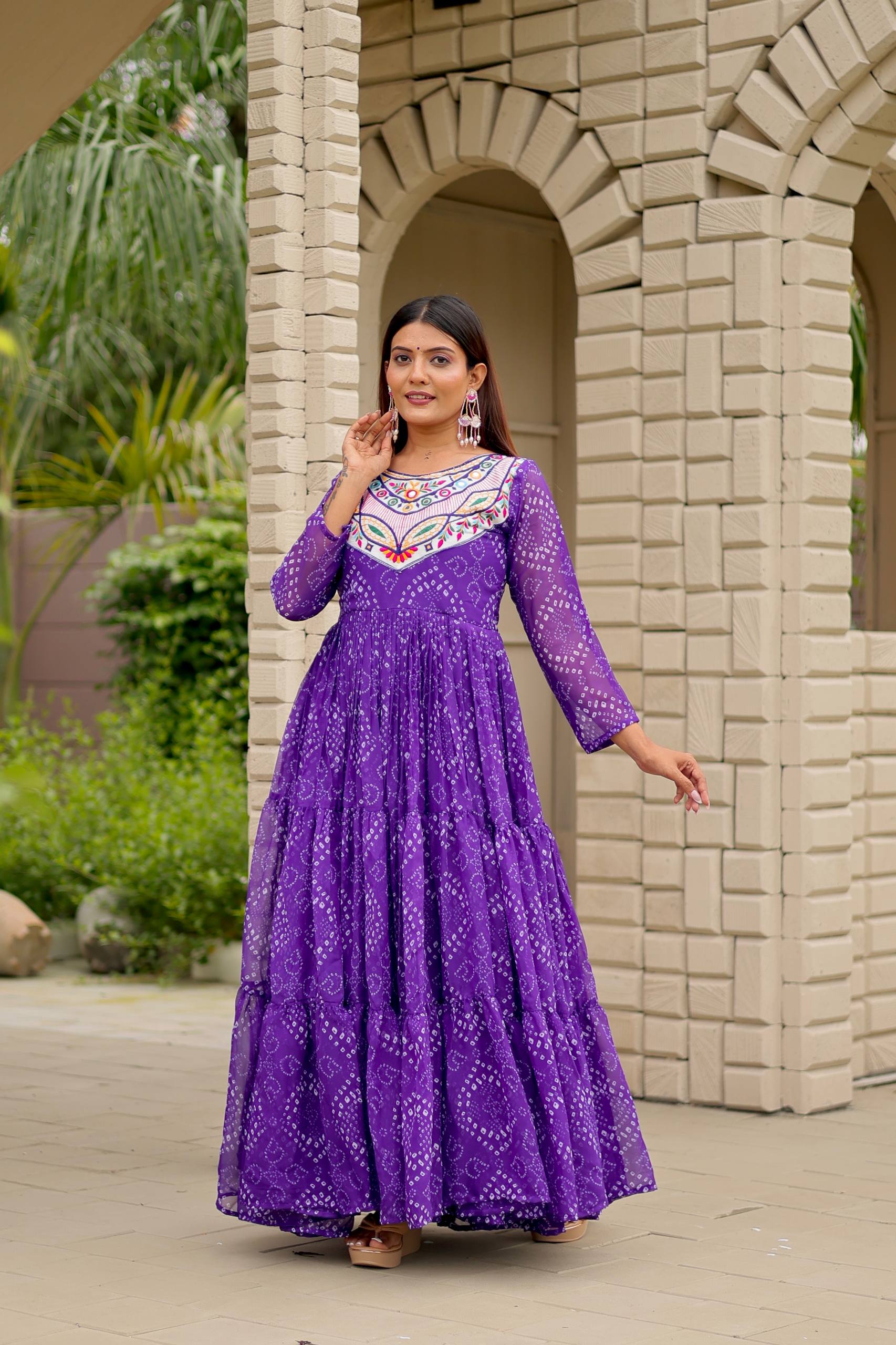 Navratri Special Bandhani Gown with Mirror Work Embroidery