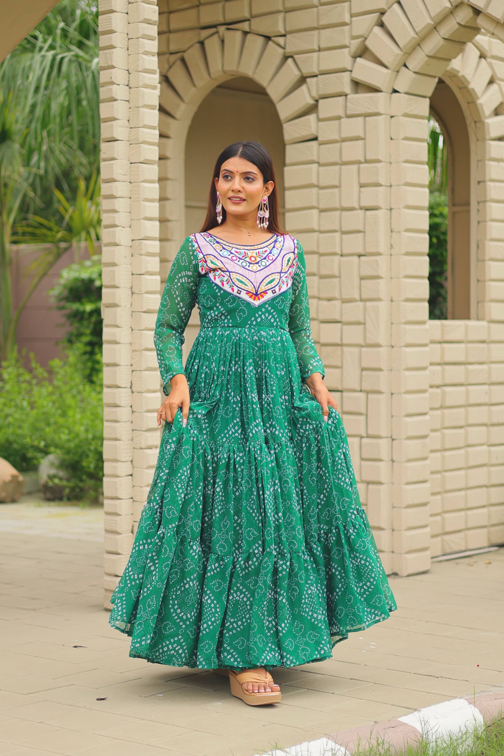 Navratri Special Bandhani Gown with Mirror Work Embroidery