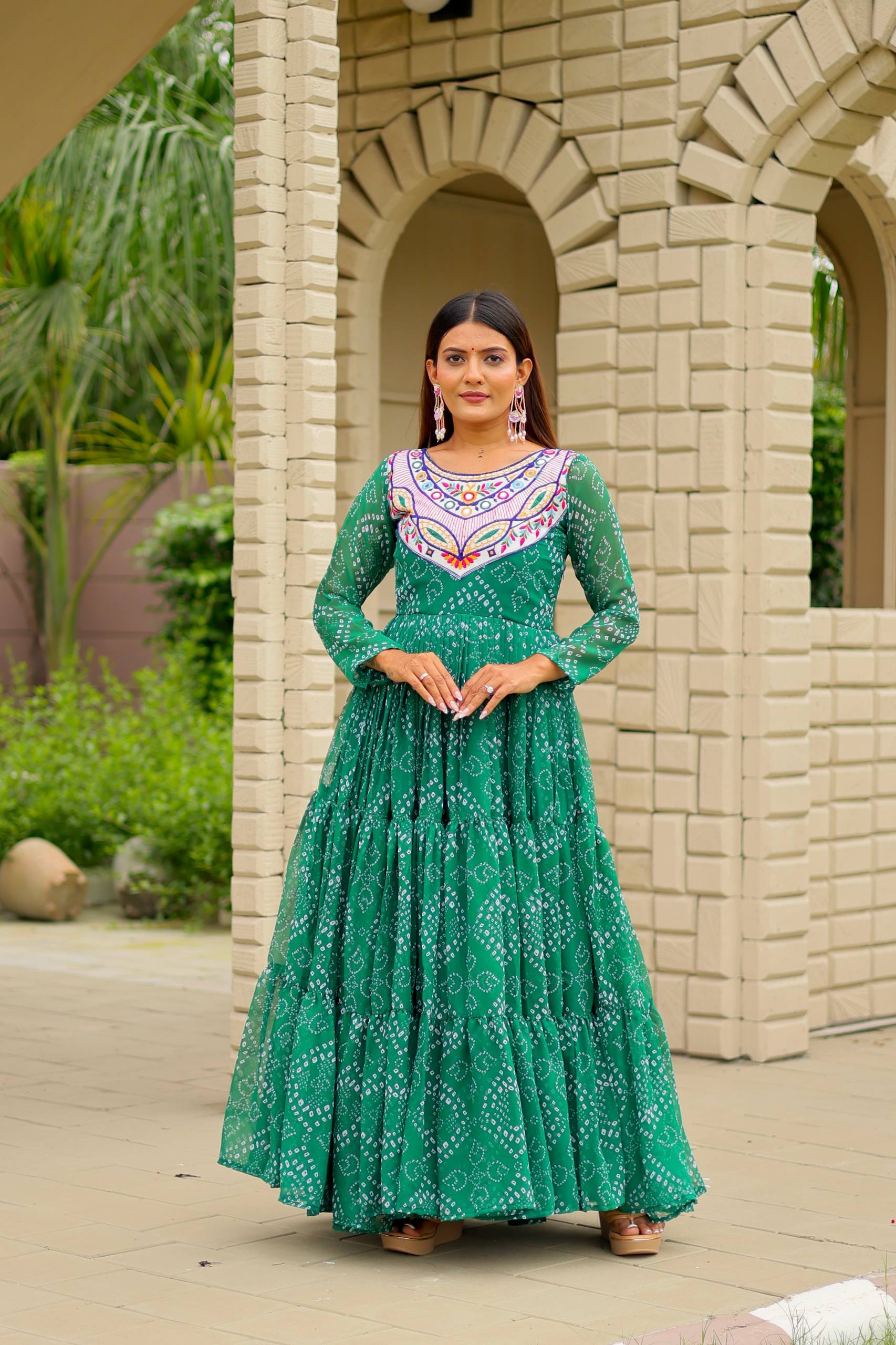 Navratri Special Bandhani Gown with Mirror Work Embroidery