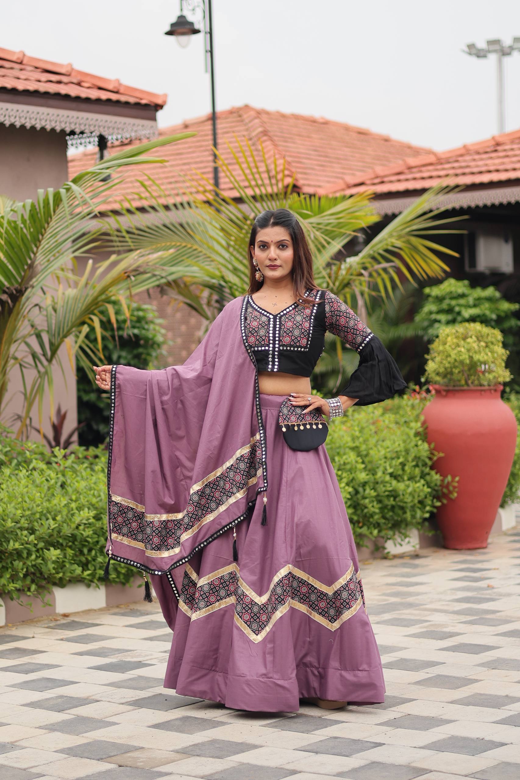 Vibrant Purple Lehenga Choli with Contrast Black Blouse & Dupatta