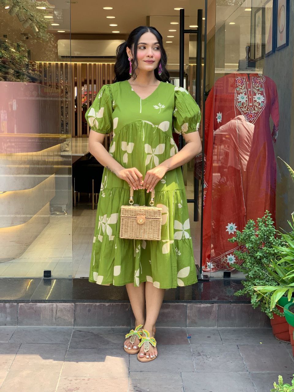 Stylish Green Cotton Flared Midi Dress with Puff Sleeves & Floral Print