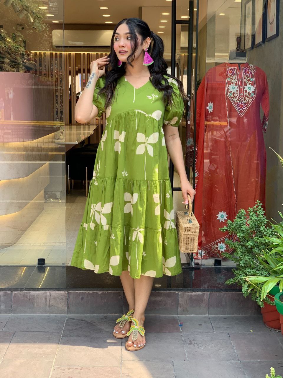 Stylish Green Cotton Flared Midi Dress with Puff Sleeves & Floral Print