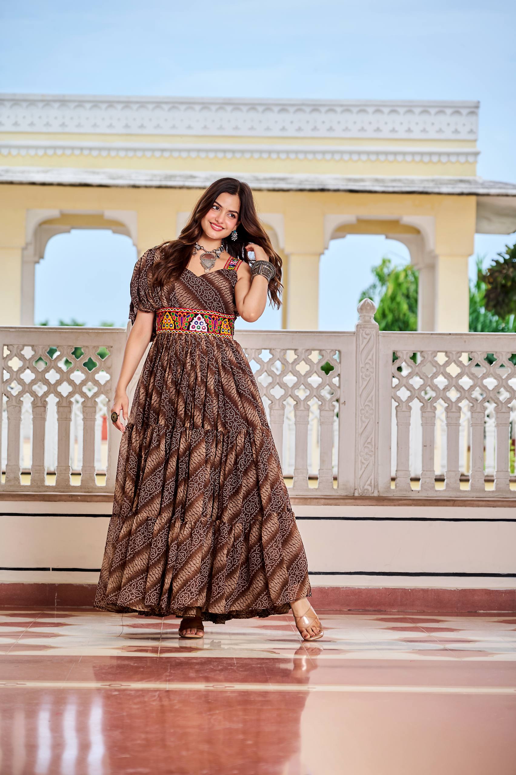 Navratri Special Bandhani Gown with Mirror Work & 9-Meter Flair