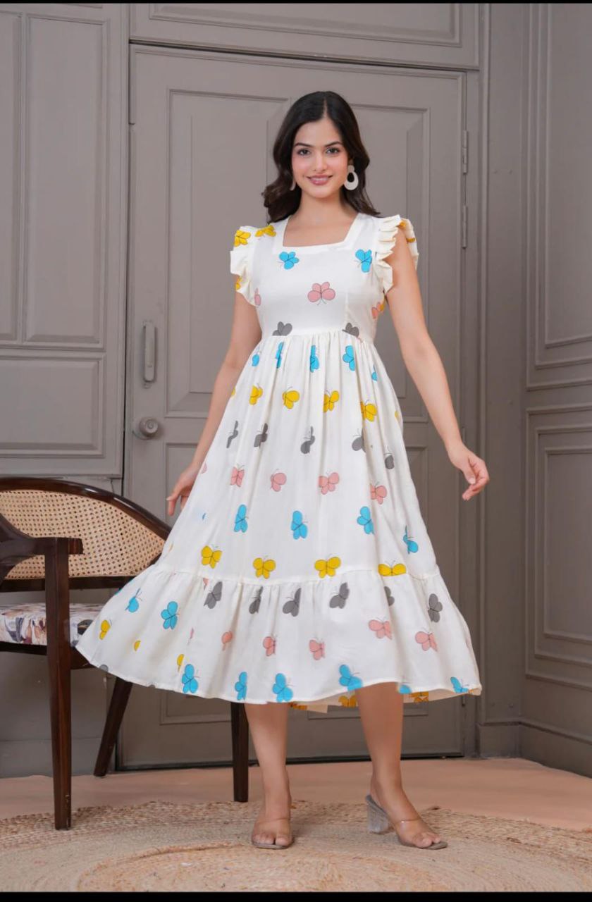 White Butterfly Print Flutter Sleeve Midi Dress