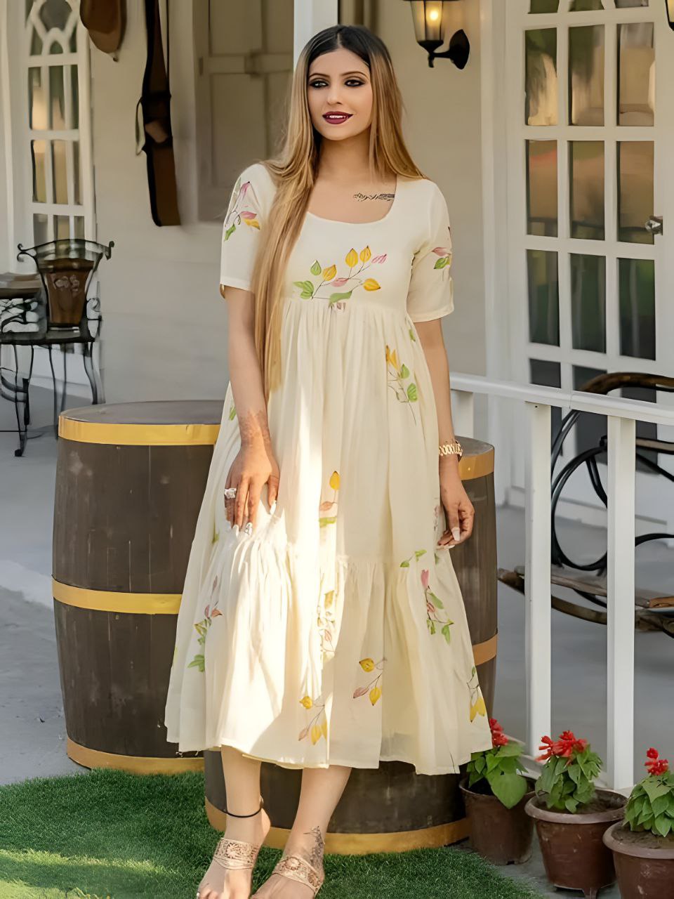 Women's White Floral Print Cotton Tiered Midi Dress