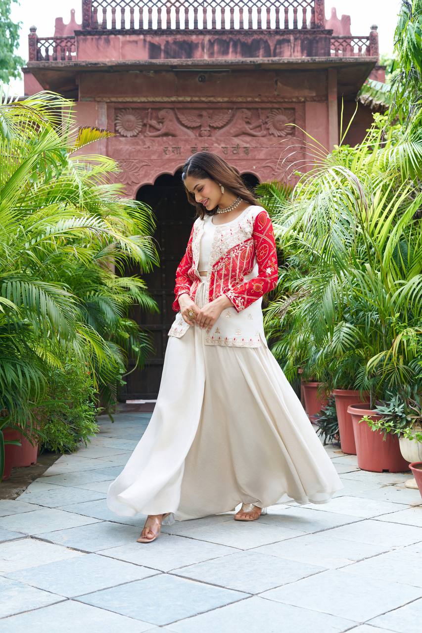 Designer White Flair Palazzo with Red And Pink Bandhani Jacket for Festive Wear