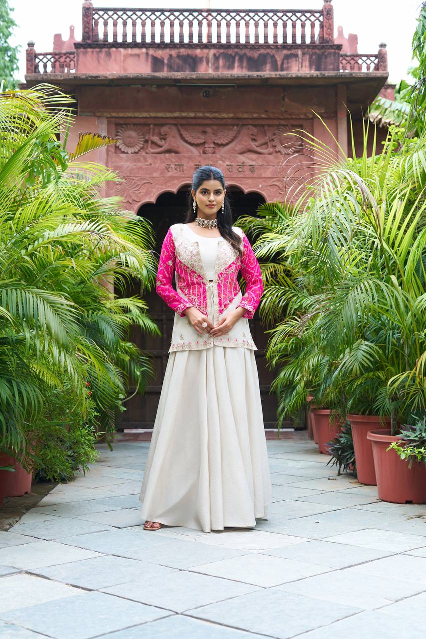 Designer White Flair Palazzo with Red And Pink Bandhani Jacket for Festive Wear