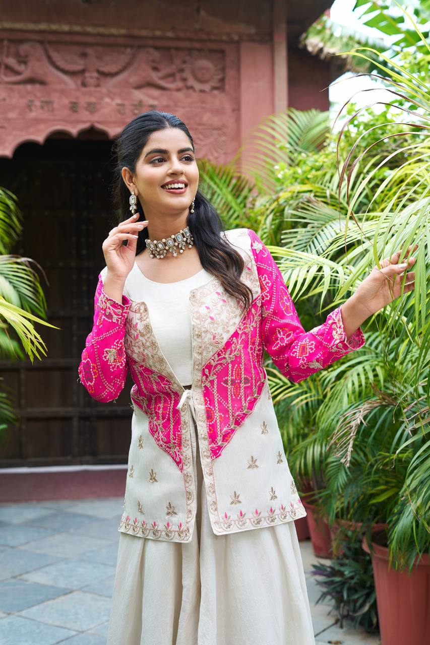 Designer White Flair Palazzo with Red And Pink Bandhani Jacket for Festive Wear