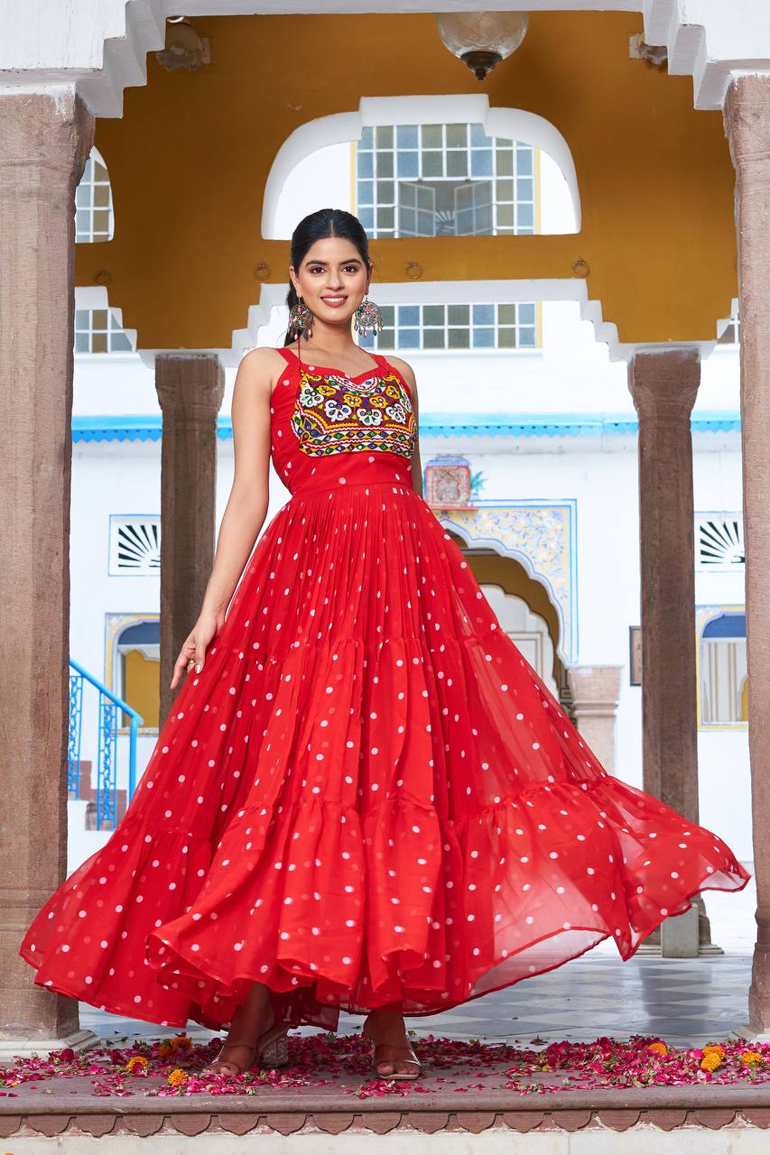 Festive Red Georgette Anarkali Dress with Traditional Embroidery