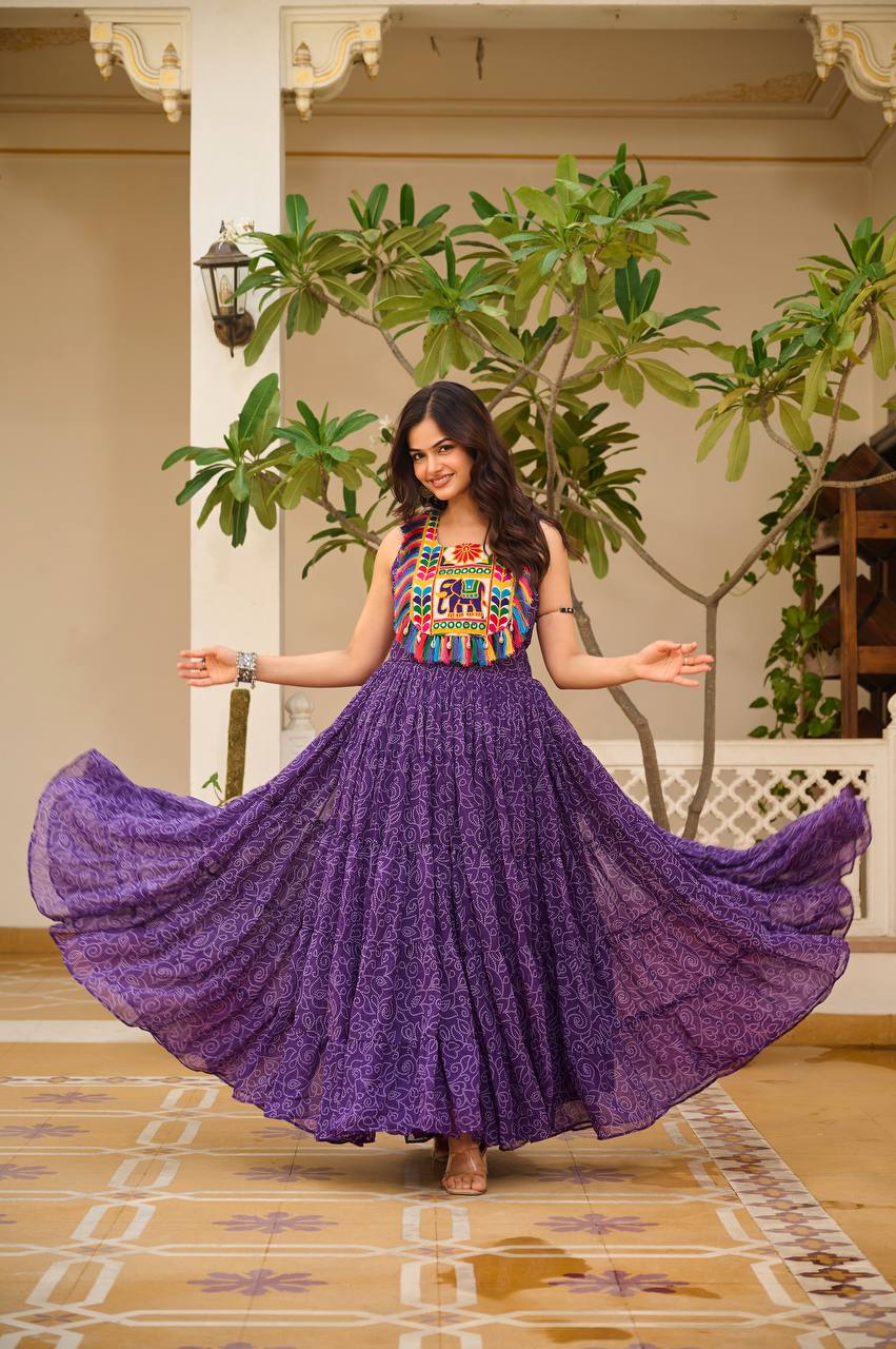 Navratri Special Faux Georgette Gown with Traditional Gamthi Embroidery & Real Mirror Work