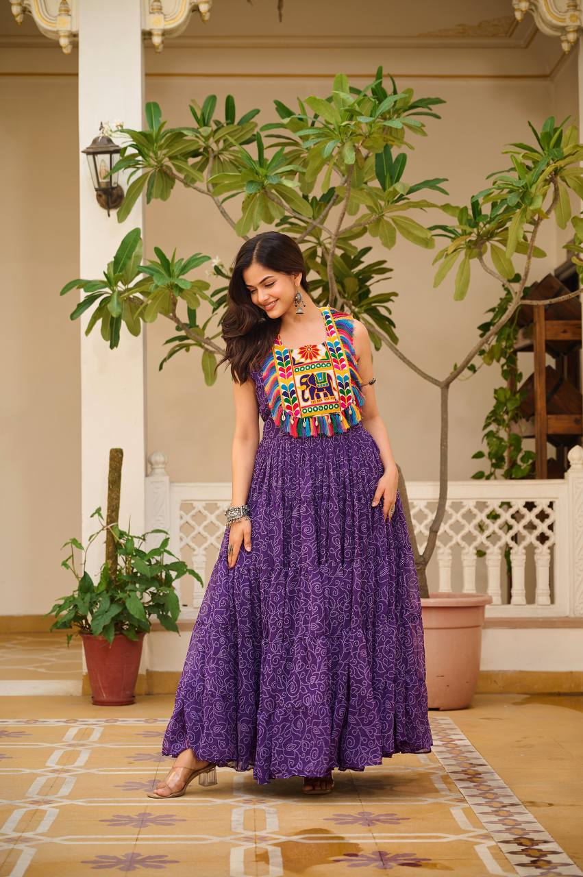 Navratri Special Faux Georgette Gown with Traditional Gamthi Embroidery & Real Mirror Work