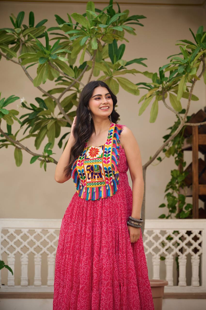 Navratri Special Faux Georgette Gown with Traditional Gamthi Embroidery & Real Mirror Work