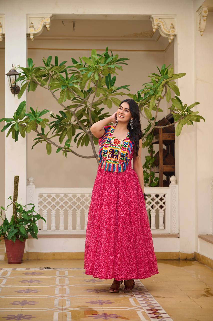 Navratri Special Faux Georgette Gown with Traditional Gamthi Embroidery & Real Mirror Work