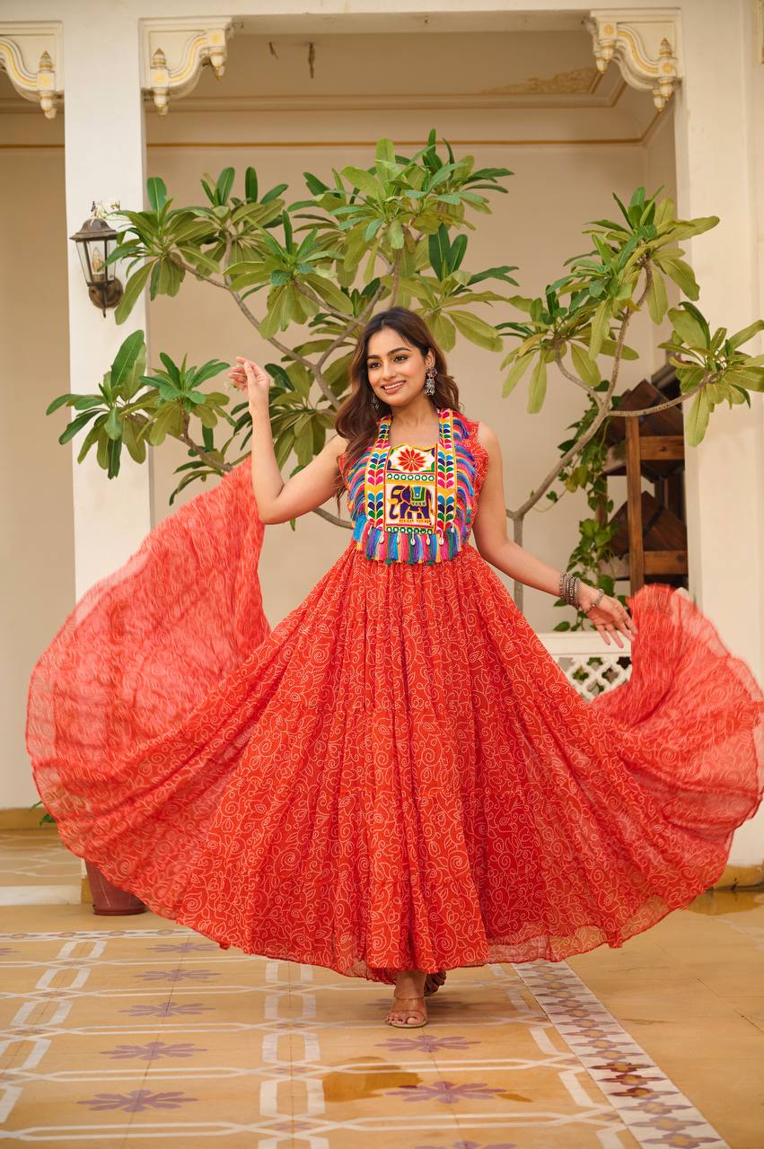 Navratri Special Faux Georgette Gown with Traditional Gamthi Embroidery & Real Mirror Work