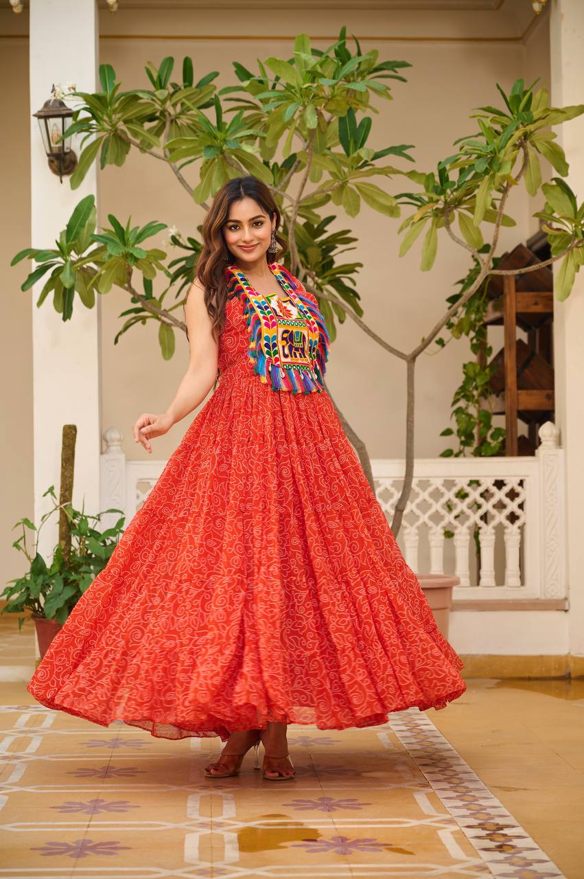 Navratri Special Faux Georgette Gown with Traditional Gamthi Embroidery & Real Mirror Work
