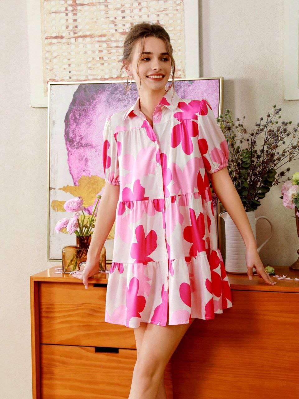Pink Floral Print Tiered Mini Shirt Dress