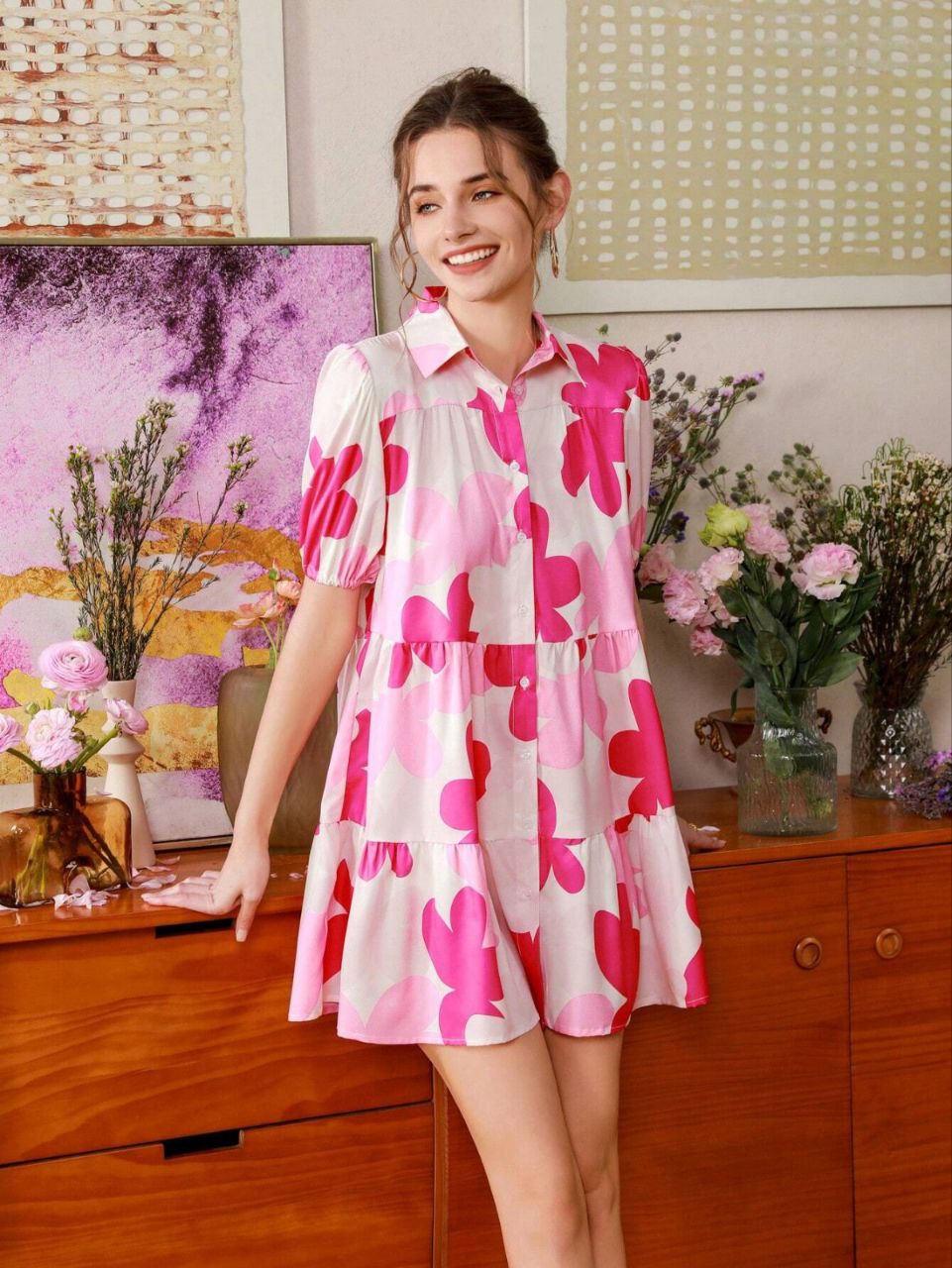 Pink Floral Print Tiered Mini Shirt Dress