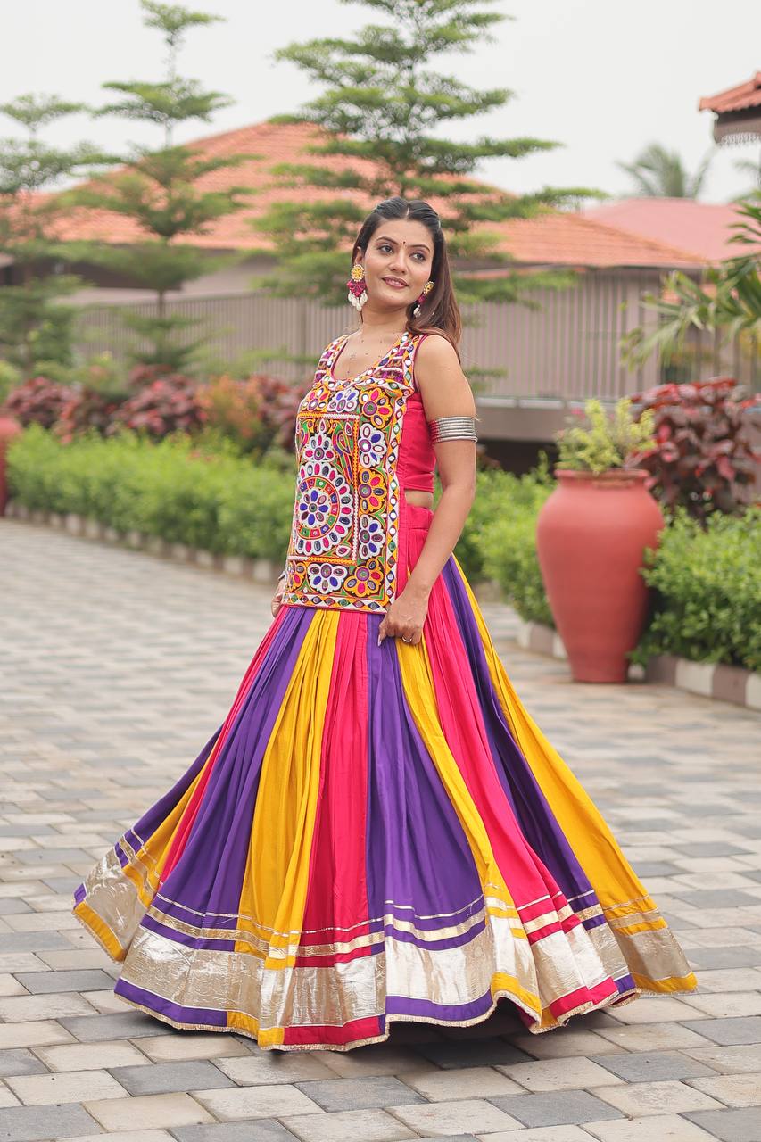 Multicolor Real Mirror Work Cotton Lehenga Choli for Garba & Festivities