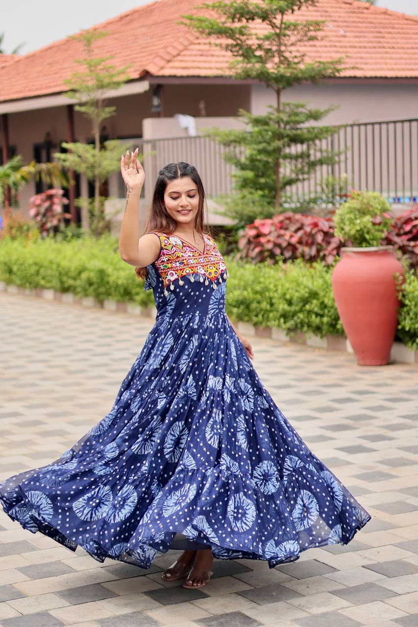 Navratri Special Faux Georgette Gamthi Work Gown with Real Mirror & Codi Lace