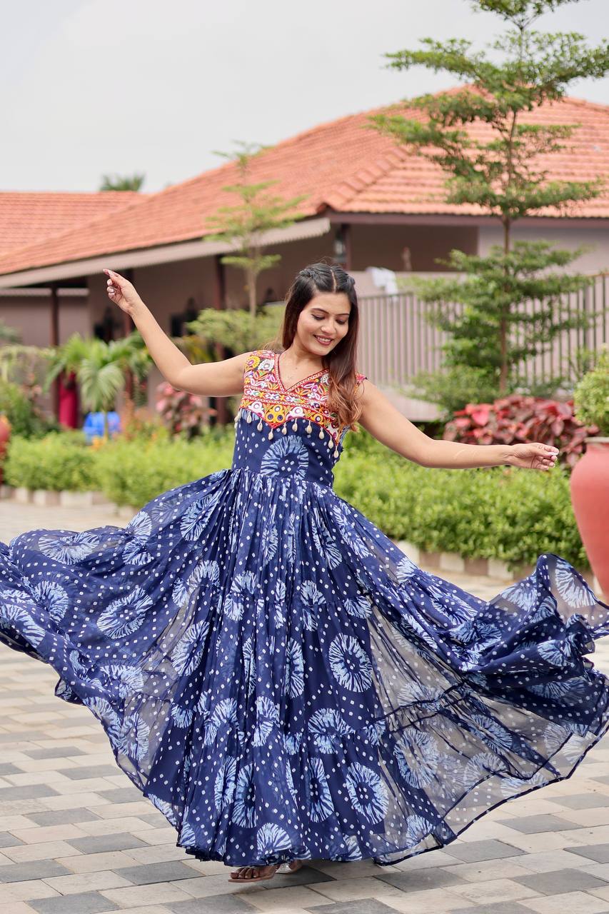 Navratri Special Faux Georgette Gamthi Work Gown with Real Mirror & Codi Lace