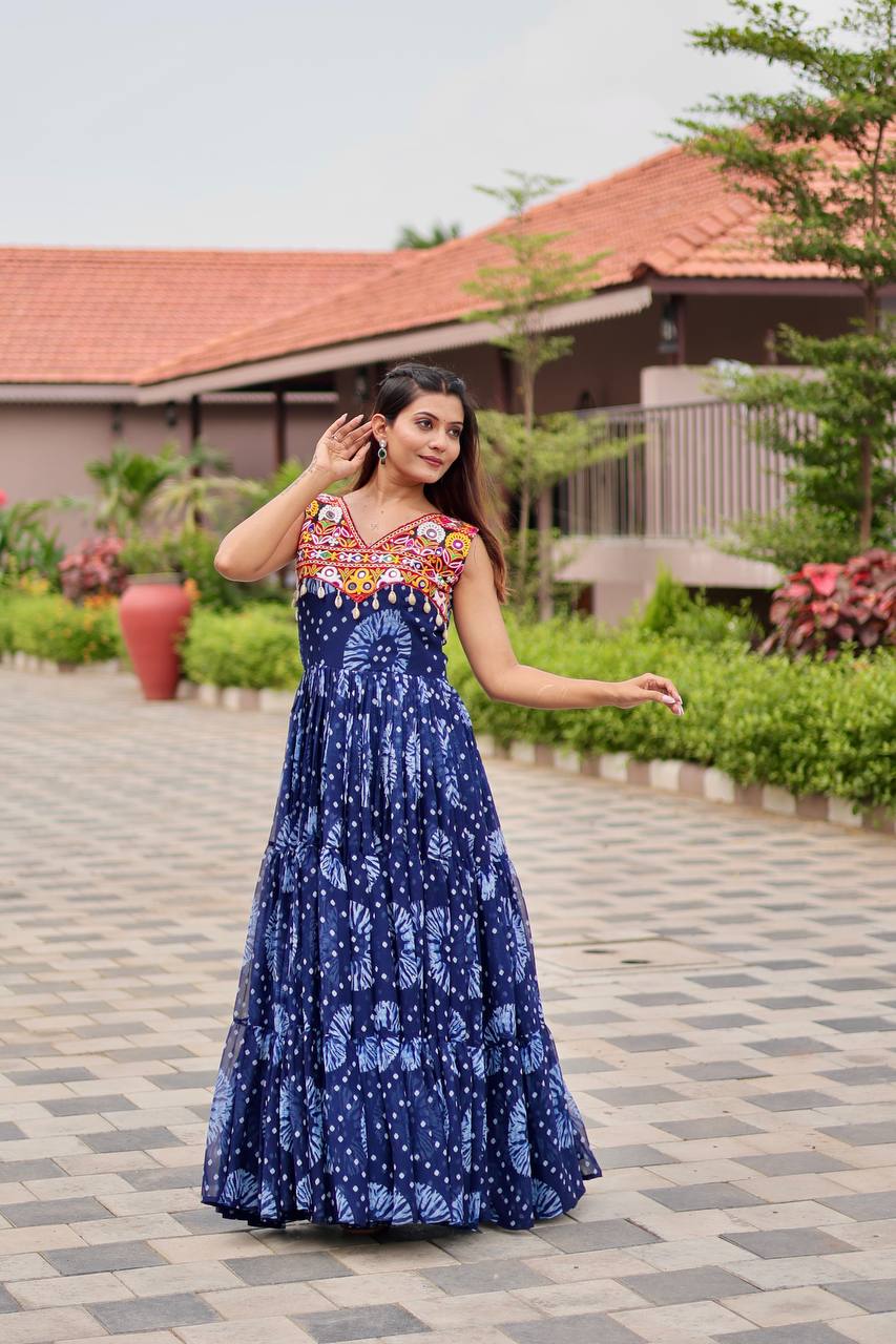 Navratri Special Faux Georgette Gamthi Work Gown with Real Mirror & Codi Lace