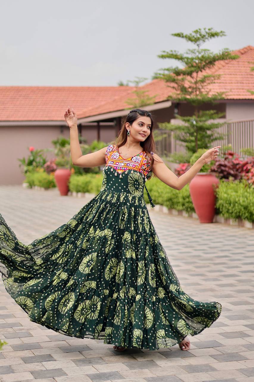 Navratri Special Faux Georgette Gamthi Work Gown with Real Mirror & Codi Lace