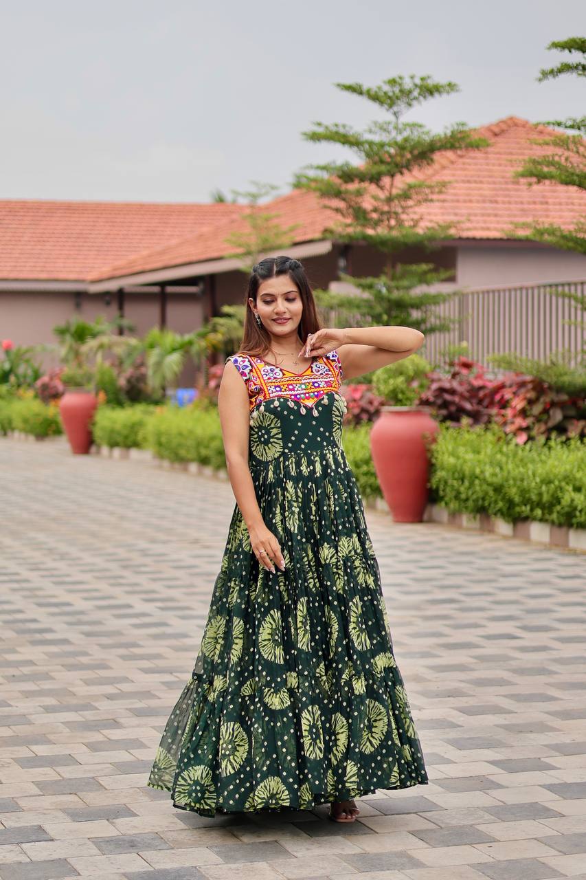 Navratri Special Faux Georgette Gamthi Work Gown with Real Mirror & Codi Lace
