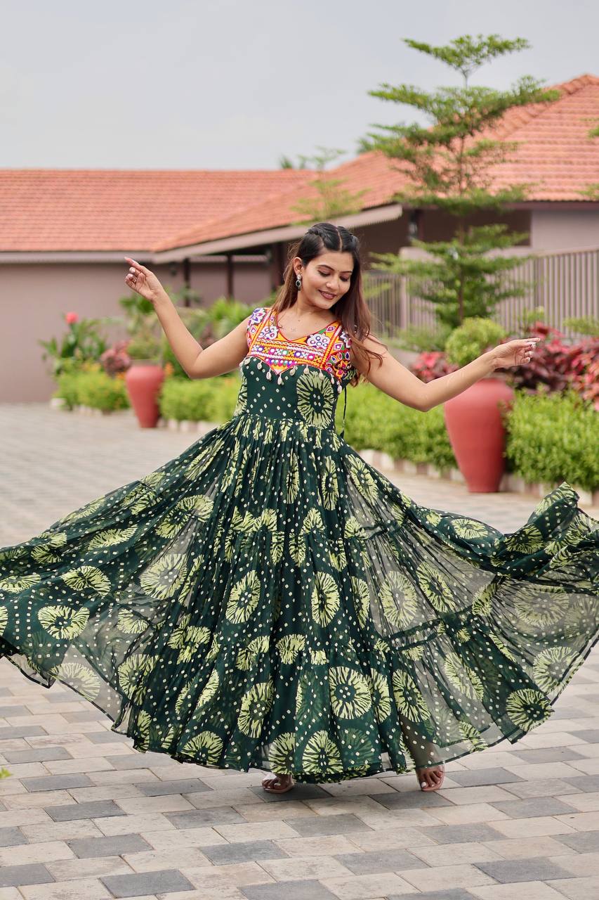 Navratri Special Faux Georgette Gamthi Work Gown with Real Mirror & Codi Lace