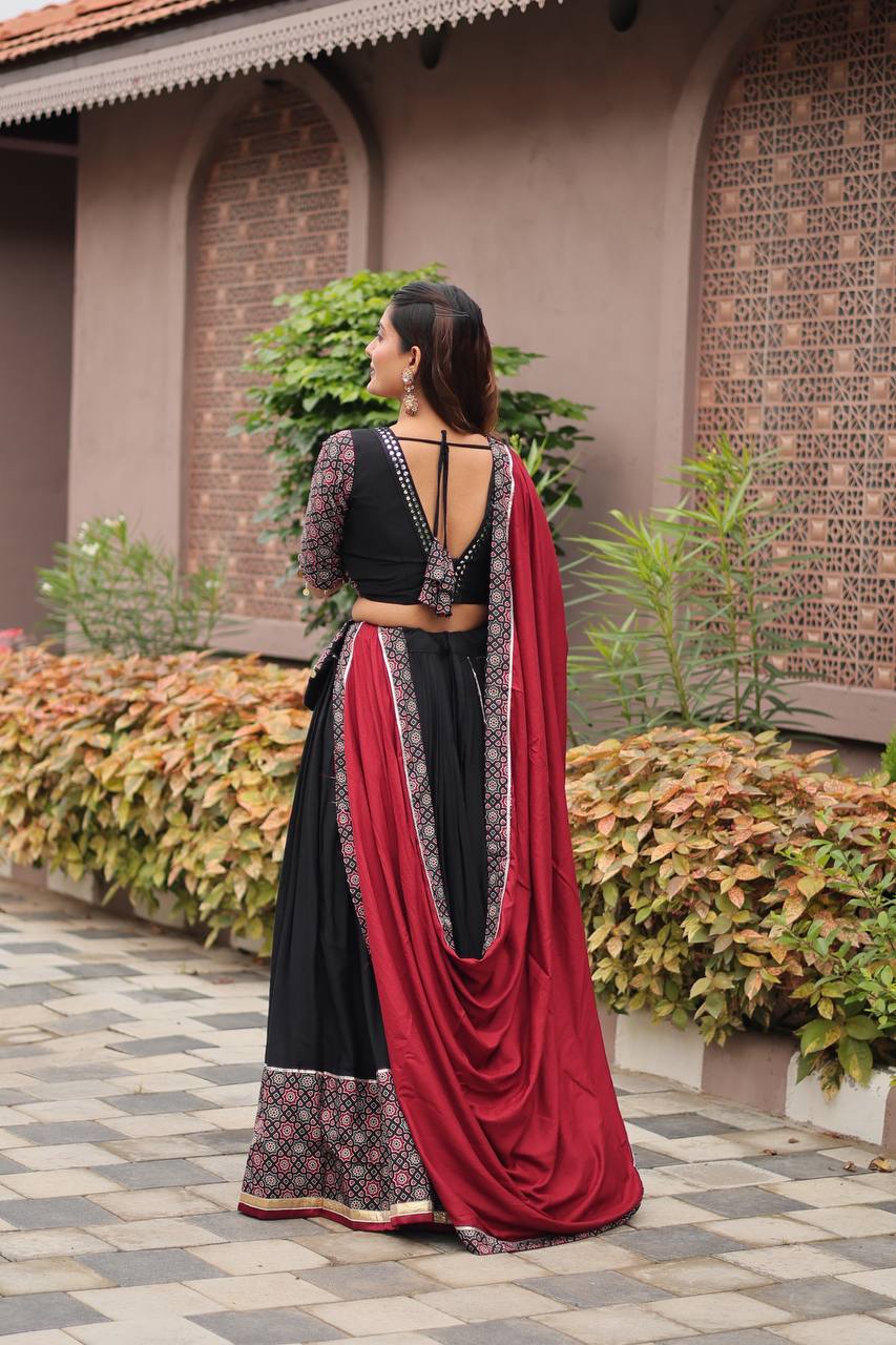 Navratri Special Gamathi Work Black Lehenga Choli with Red Dupatta