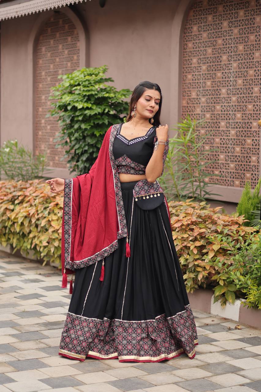 Navratri Special Gamathi Work Black Lehenga Choli with Red Dupatta