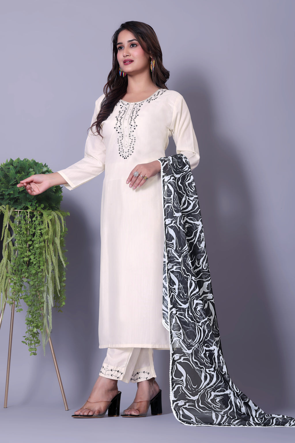 Contemporary White Kurta Set featuring Embellished Neckline & Patterned Dupatta