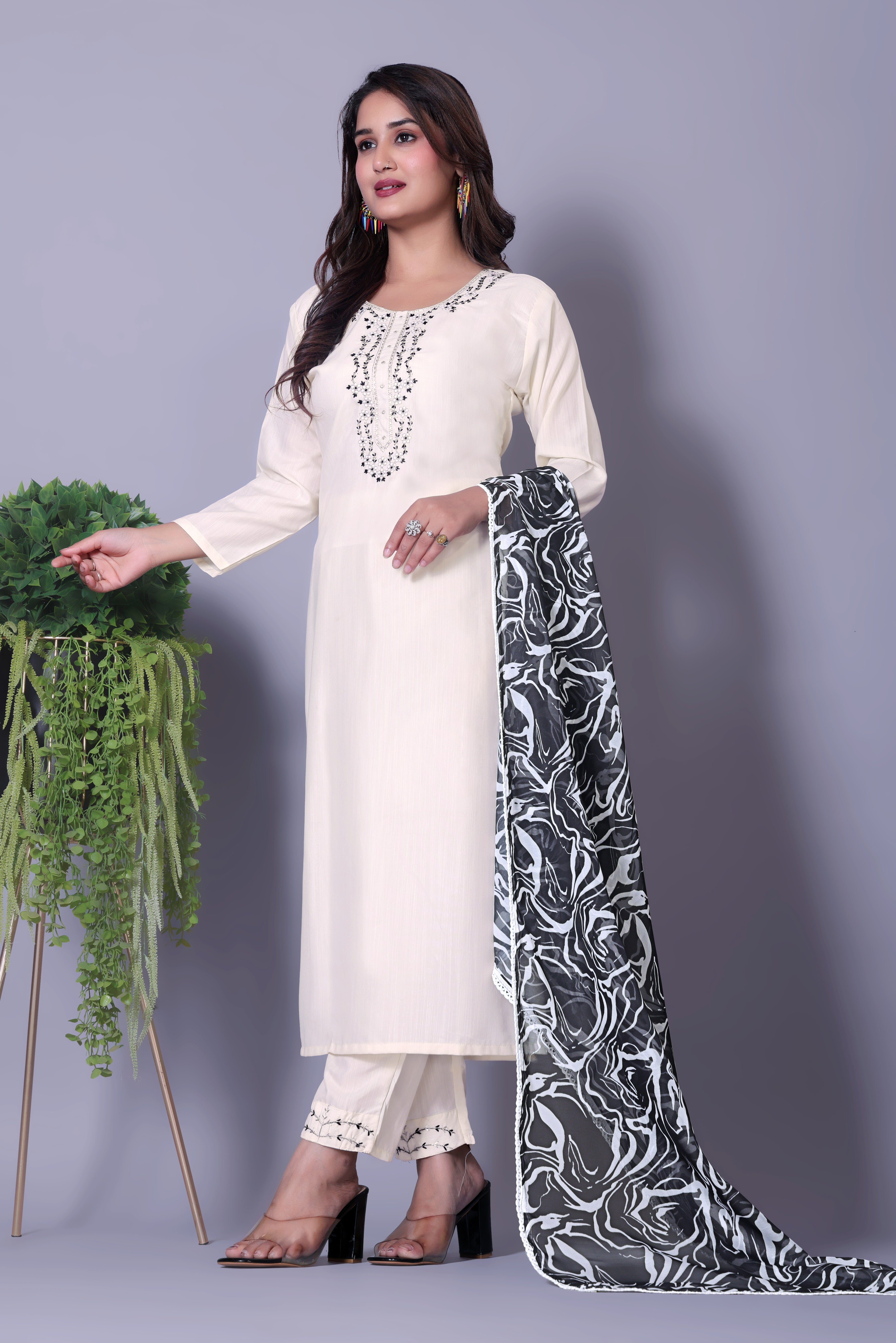 Contemporary White Kurta Set featuring Embellished Neckline & Patterned Dupatta
