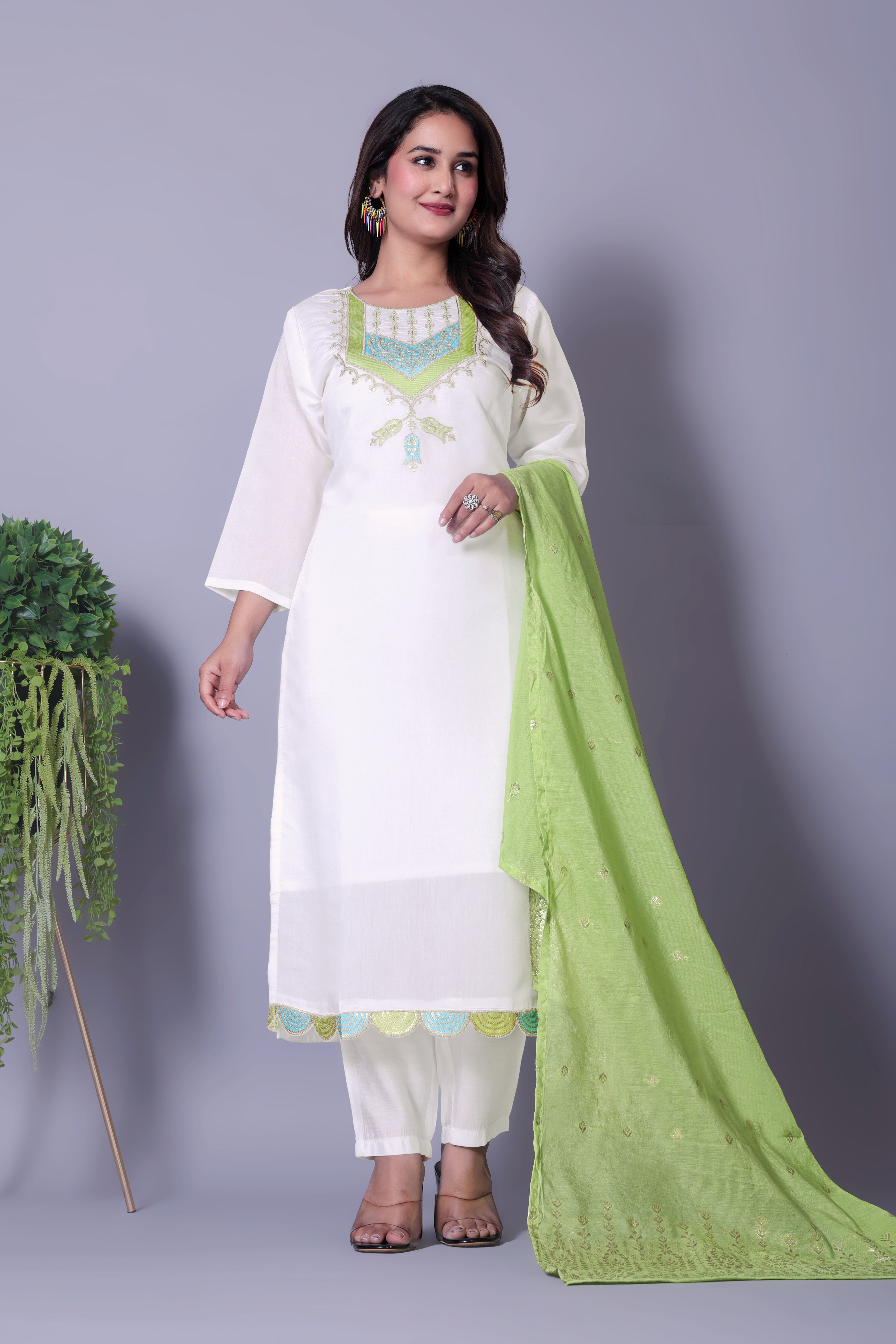 Elegant White Embroidered Kurta Set with Contrast Green Dupatta
