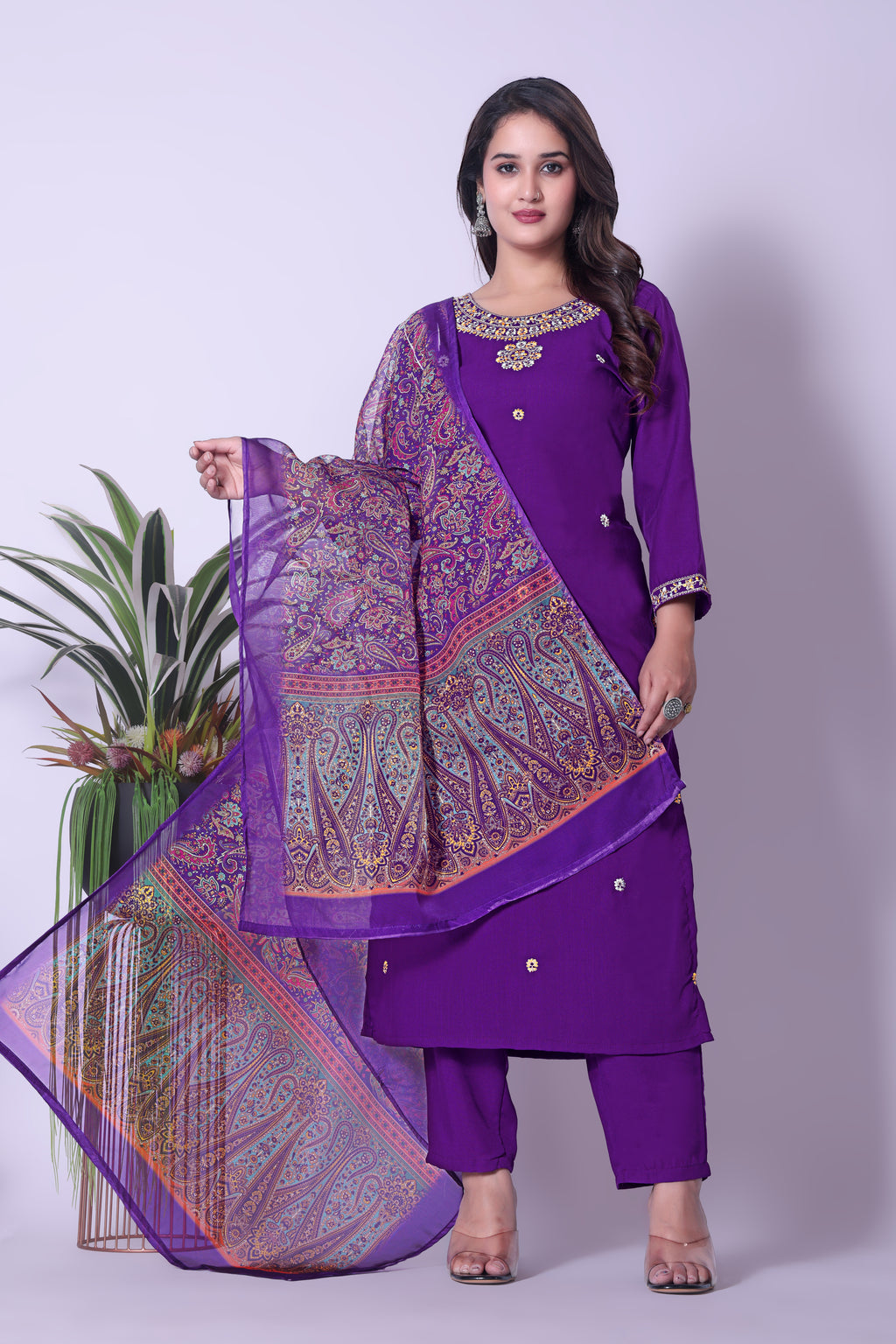 Women's Viscose Chanderi Embroidered Kurta, Pant & Dupatta Set - Purple