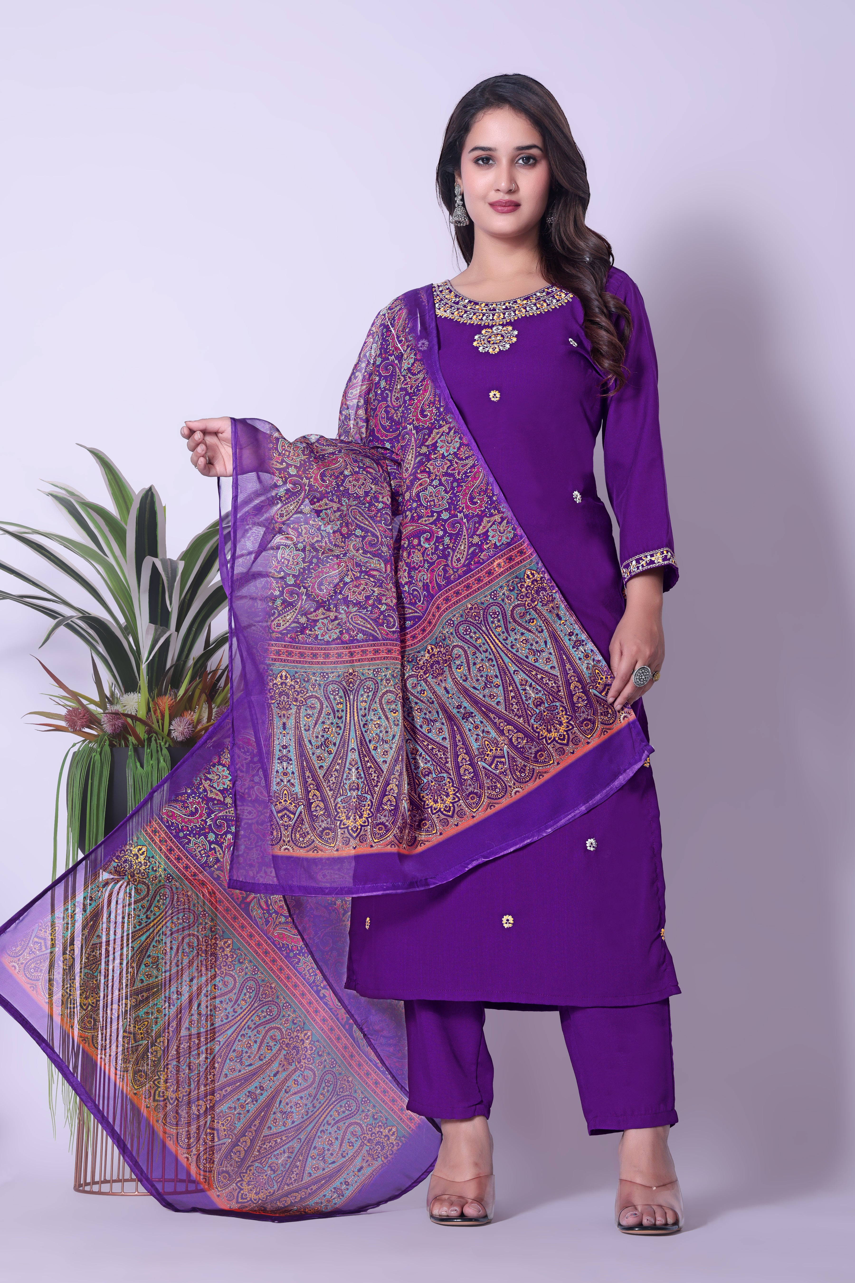 Women's Viscose Chanderi Embroidered Kurta, Pant & Dupatta Set - Purple