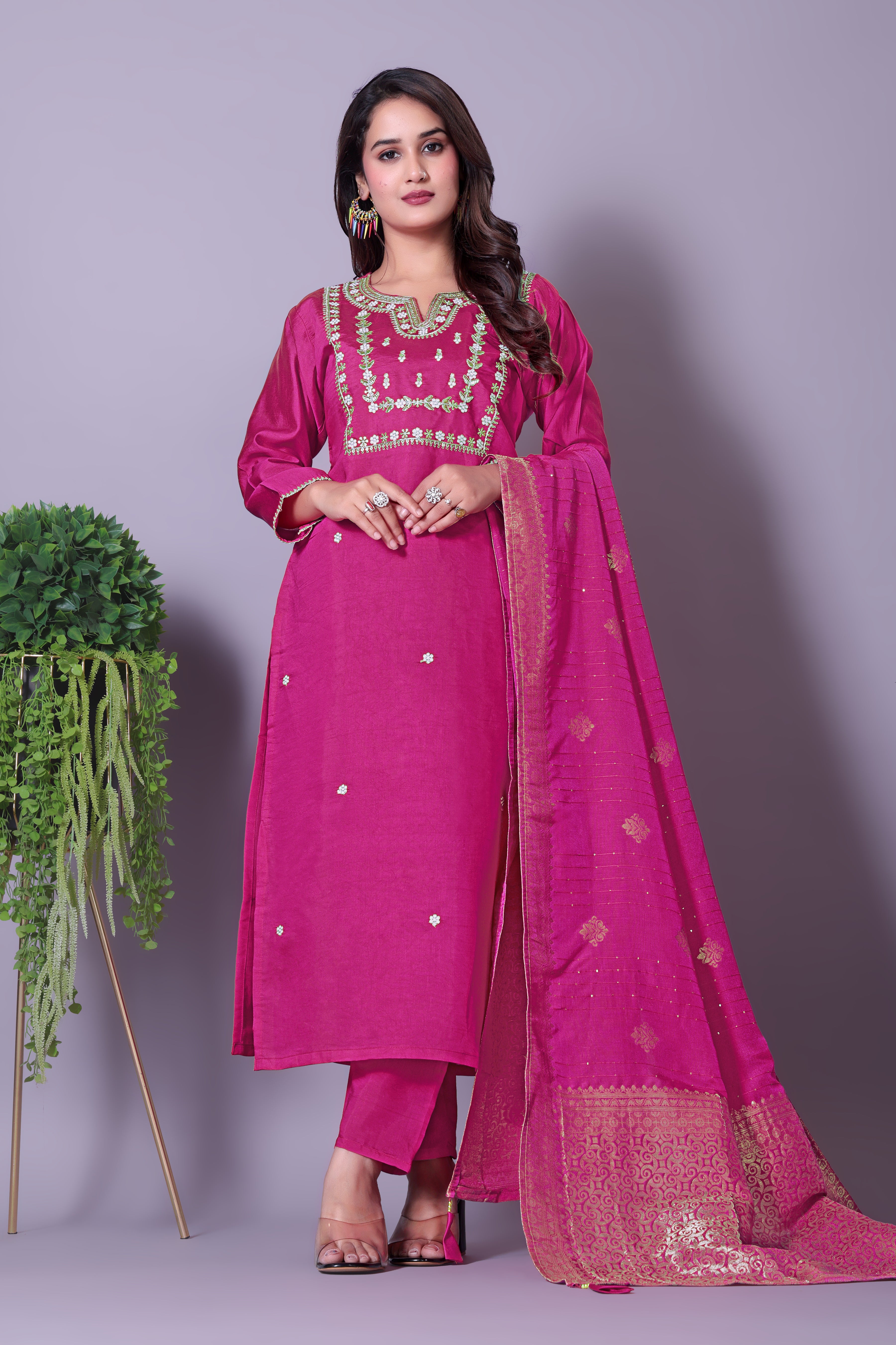 Women's Embroidered Red Kurta Set with Dupatta and Pants