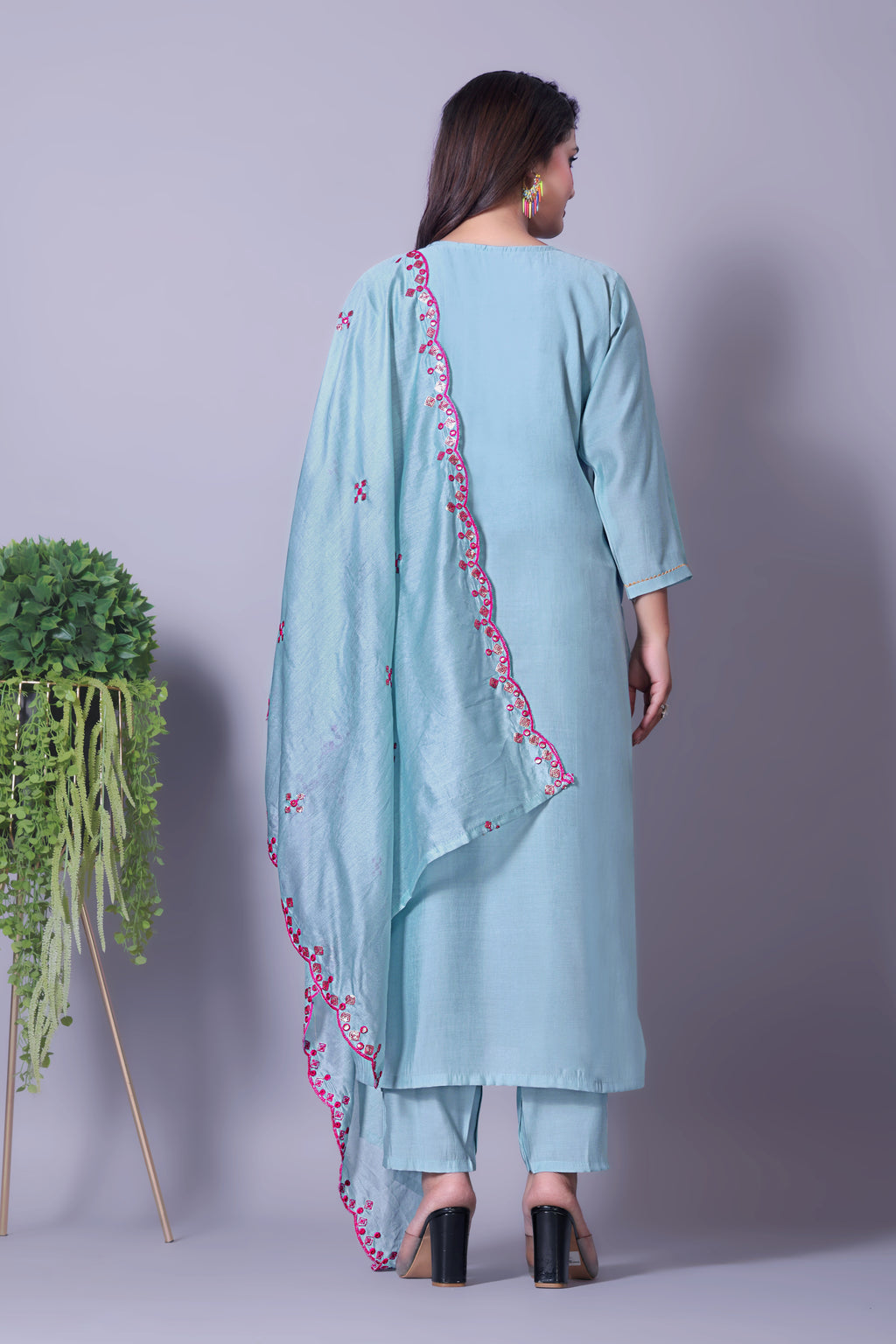 Sky Blue Viscose Chanderi Kurti Set with Embroidered Dupatta