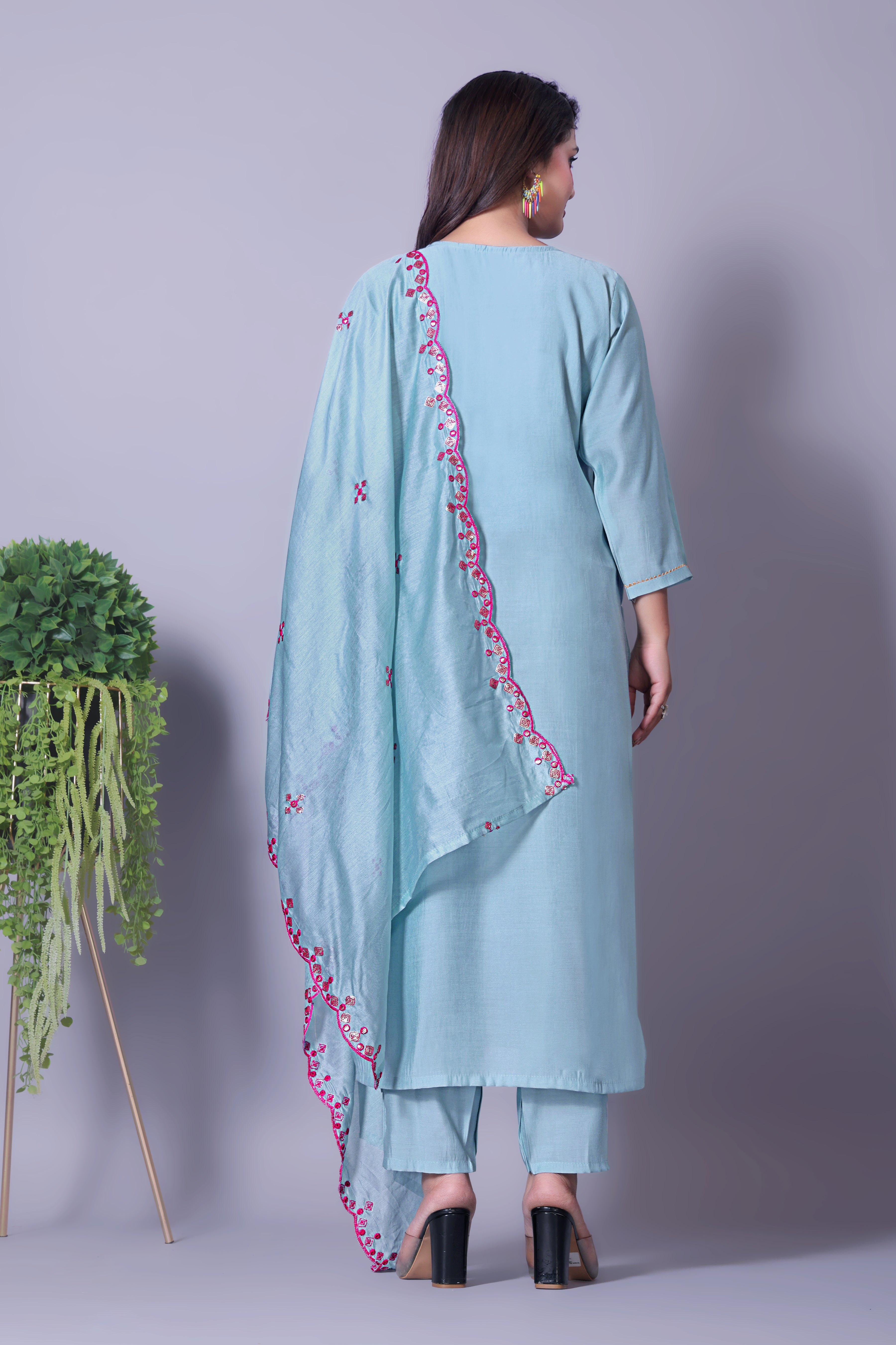 Sky Blue Viscose Chanderi Kurti Set with Embroidered Dupatta