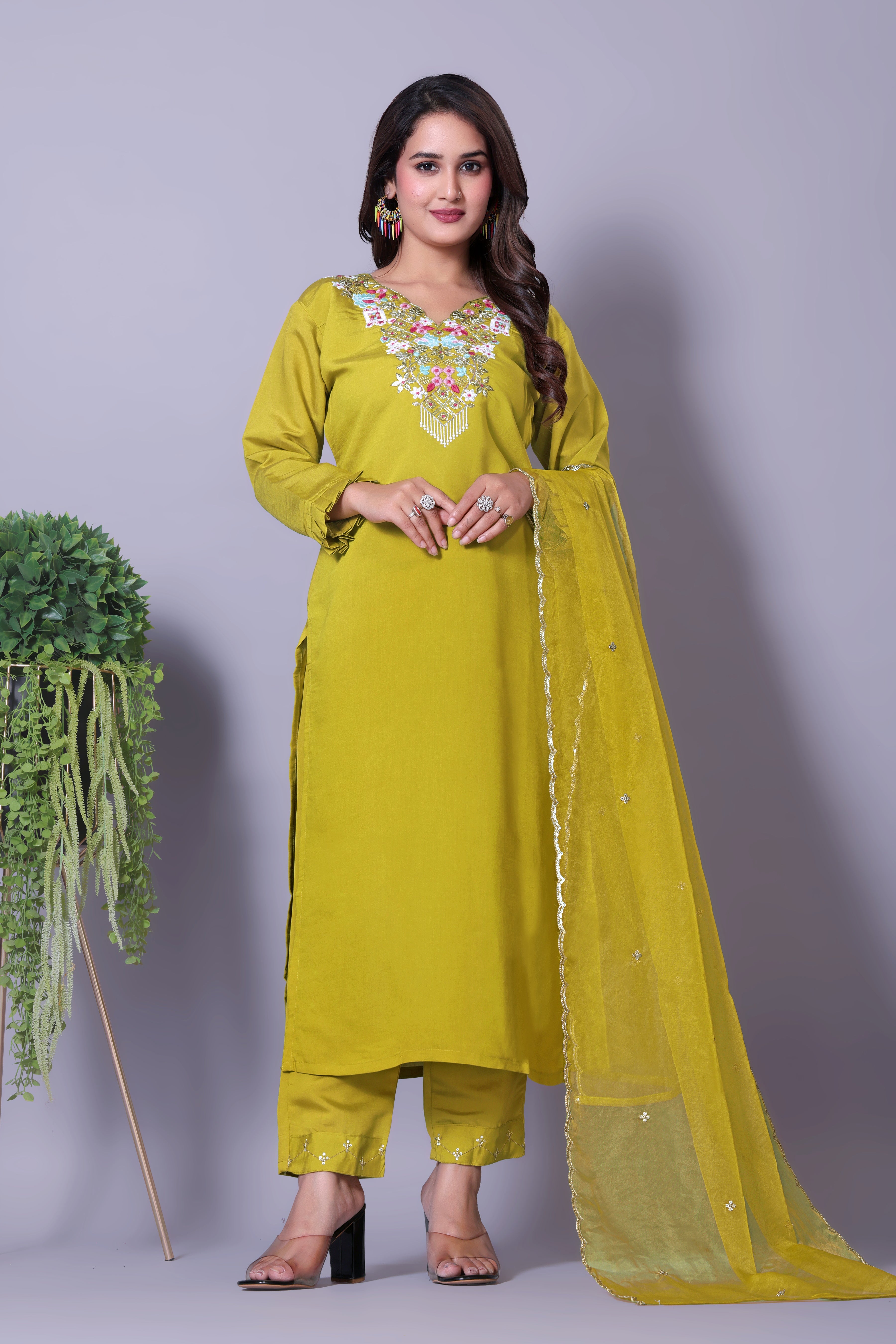 Women's Stylish Viscose Rayon Solid Embroidered Kurta Set with Dupatta