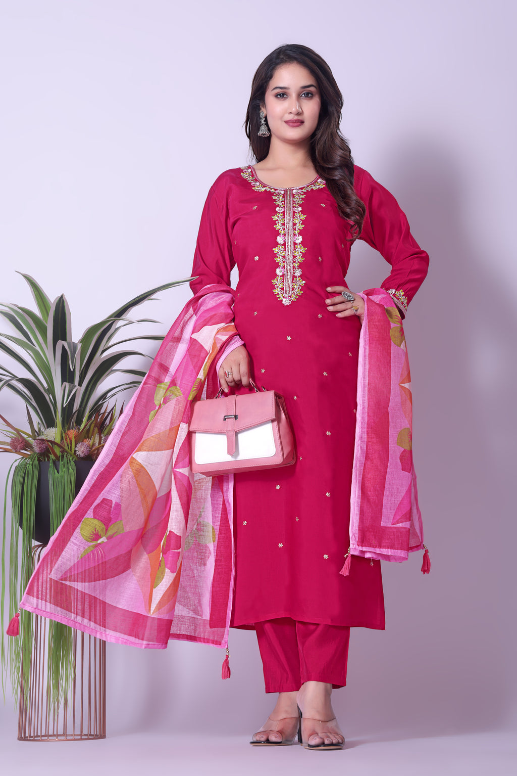 Elegant Rani Pink Straight Kurta Pant & Printed Organza Dupatta Set