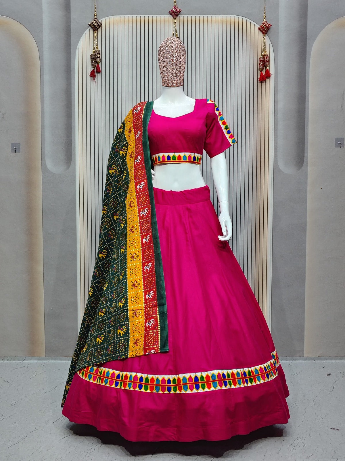 Navratri Special Pink Chaniya Choli with Multicolor Applique & Mirror Work